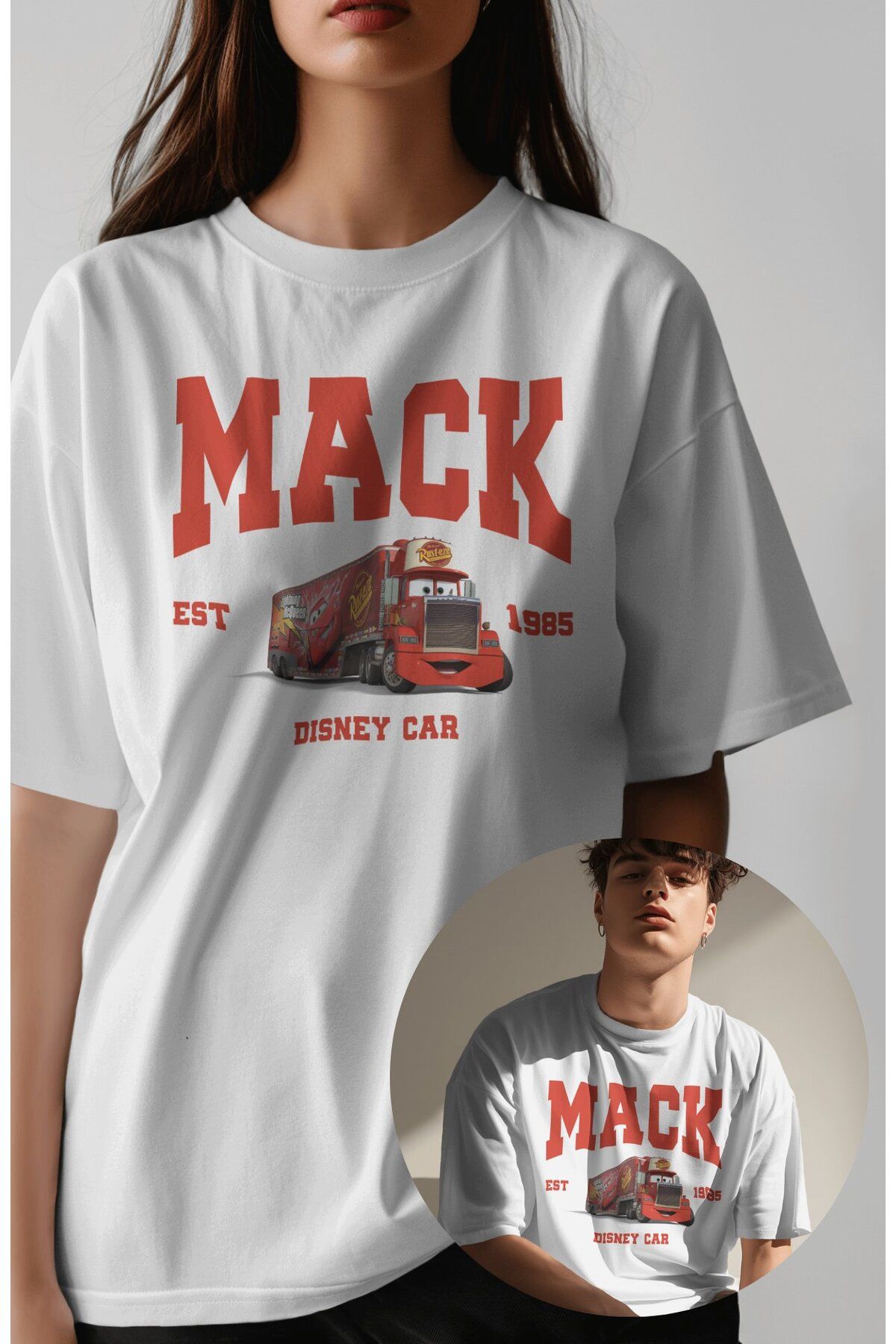 Fuddy Moda Unisex Arabalar Mack Est 1985 Baskılı Tişört, Oversize Cars Film Temalı T-Shirt