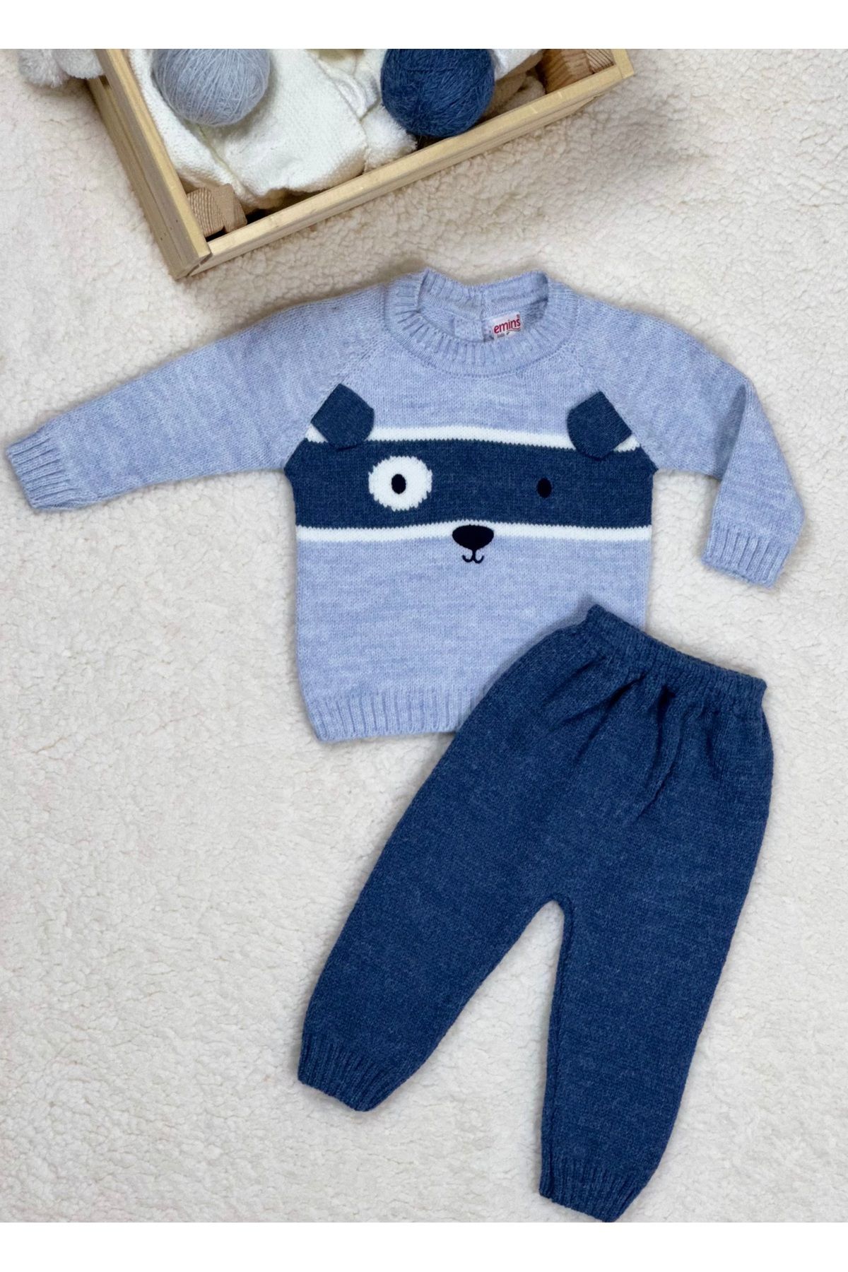 E&S EMİN'S emins Erkek Bebek Triko Sevimli Örgü Kulaklı Köpek Nakışlı Reglan Kol Üst Rahat Pantolon Takım