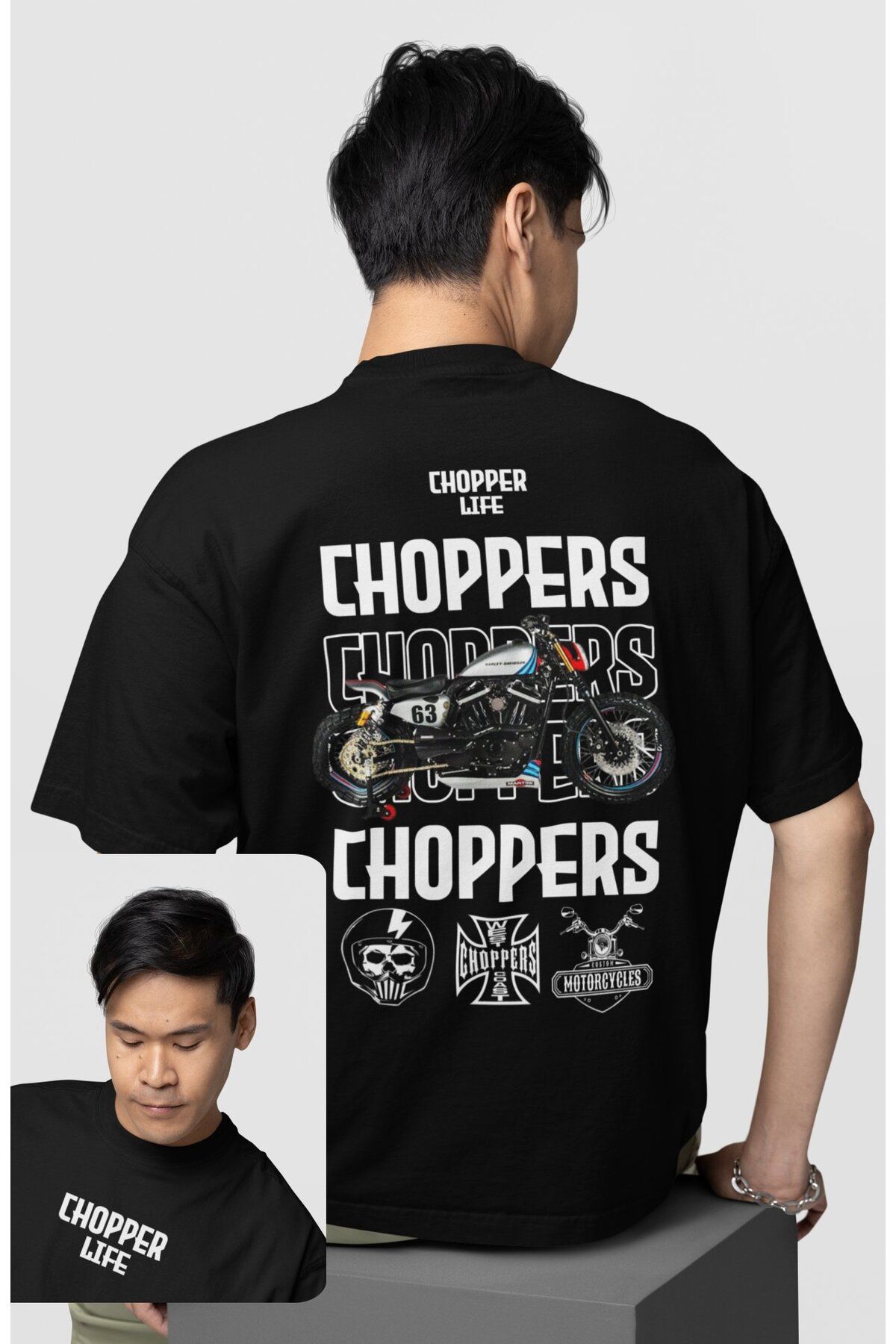 Fuddy Moda Unisex Chopers Life Sırt Baskılı Tişört, Oversize Motorsiklet Temalı T-Shirt