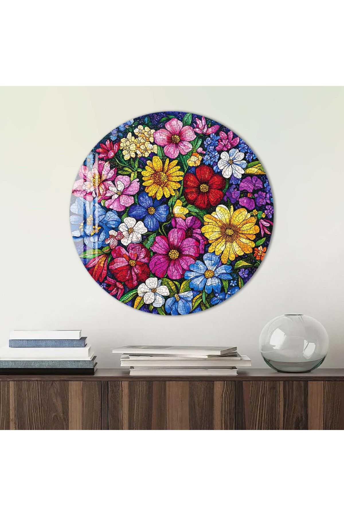 Artmate Yuvarlak Temperli Kırılmaz Çiçek Cam Tablo
