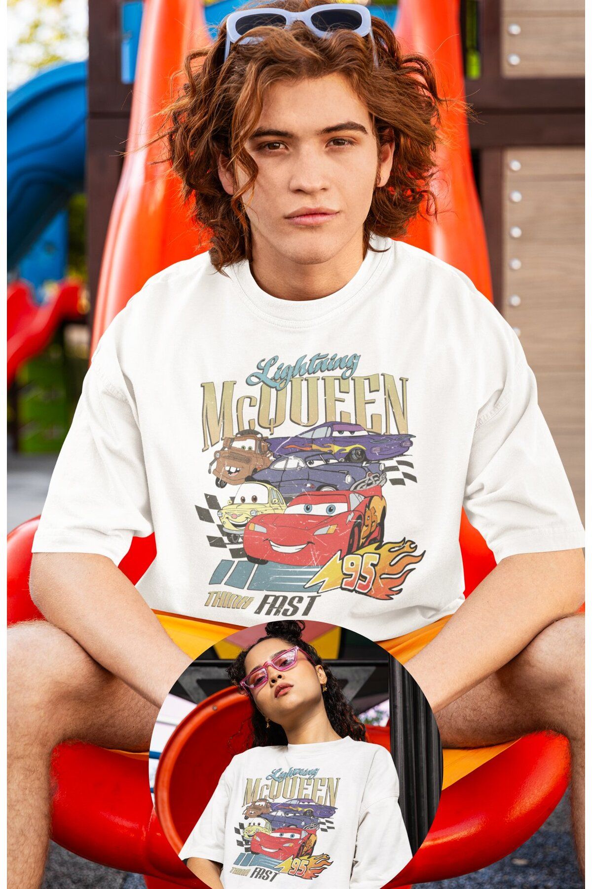 Fuddy Moda Unisex Renkli Arabalar Baskılı Tişört, Oversize Cars Film Temalı T-Shirt