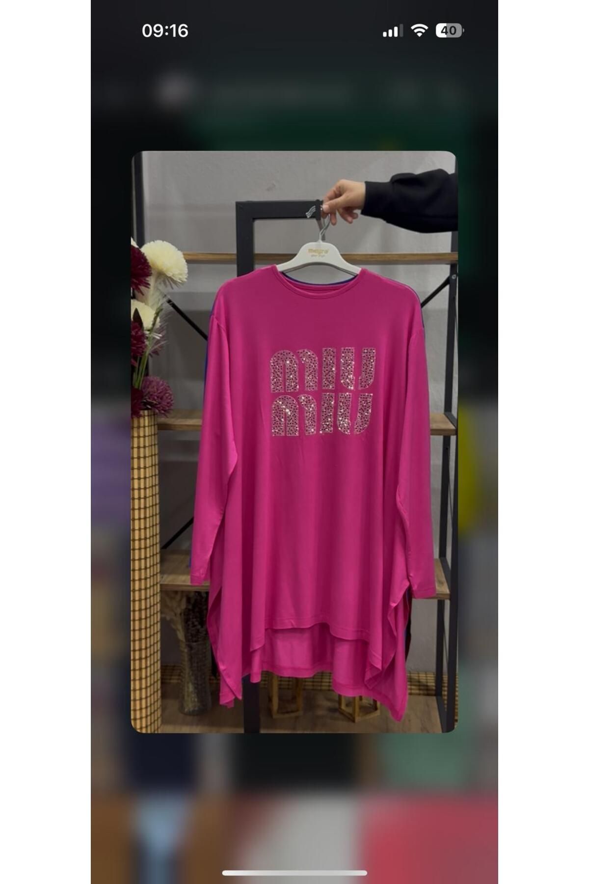 ÖZNE BUTİK Kadın pamuklu likralı bisiklet yaka miu taş baskılı oversize tunik