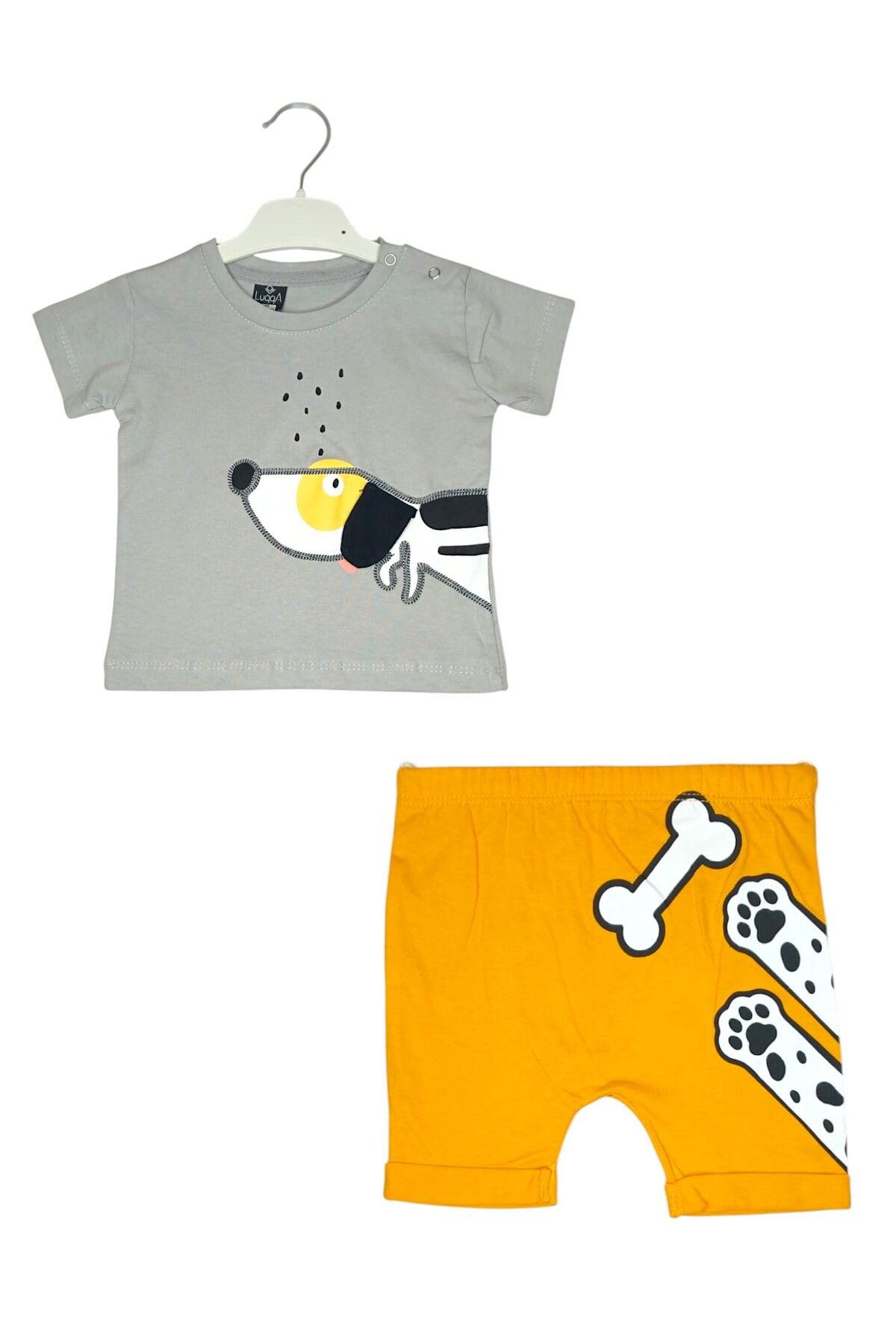 For My Baby Luqqa- Erkek Bebek 2'li Alt Üst Takım Gri Sarı T-shirt Baskılı Tshirt Karyoka Detaylı Tişört