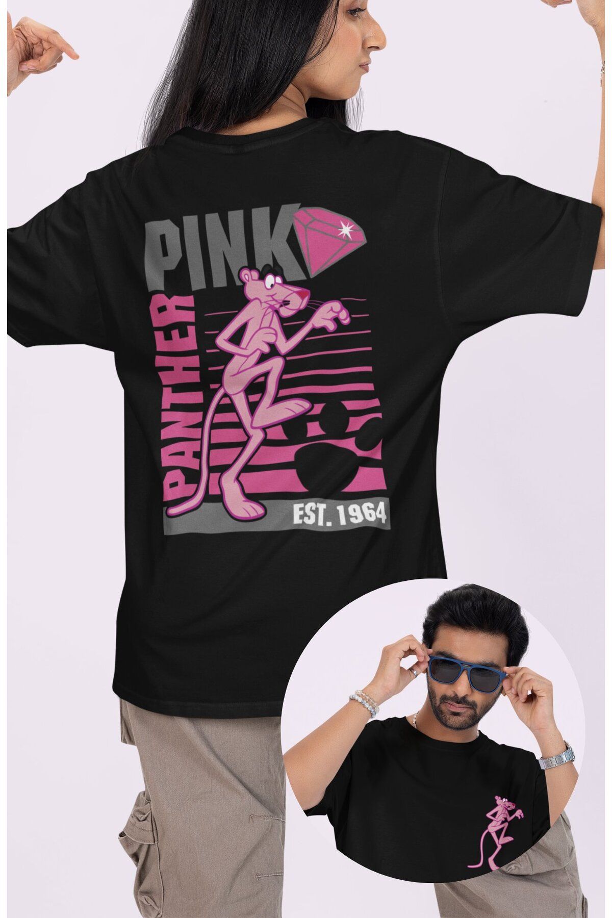 Fuddy Moda Unisex Est 1964 Pink Panther Sırt Baskılı Tişört, Oversize Pembe Panter Temalı T-Shirt