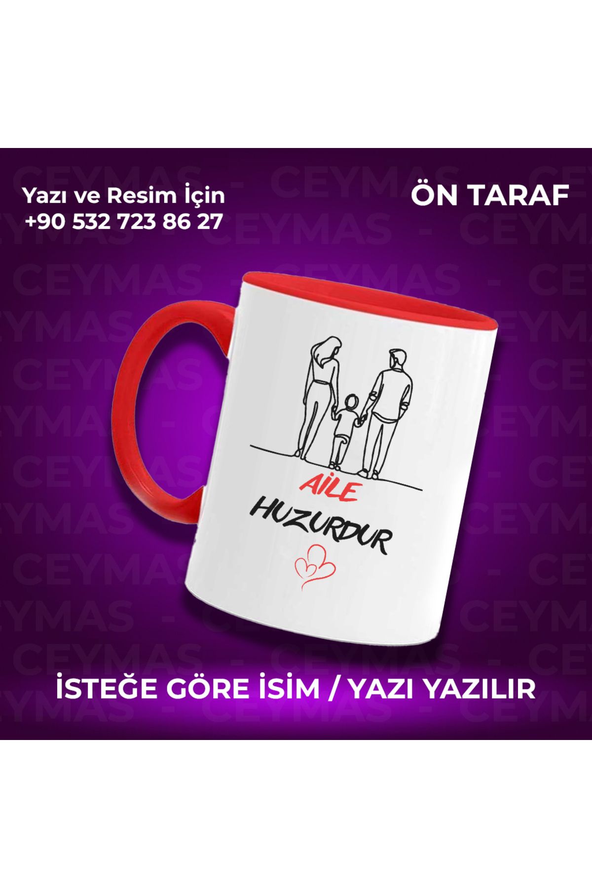 Ceymas Hediyelik Kişiye Özel İsimli Aile Huzurdur Baskılı Hediyelik Renkli Kupa Bardak