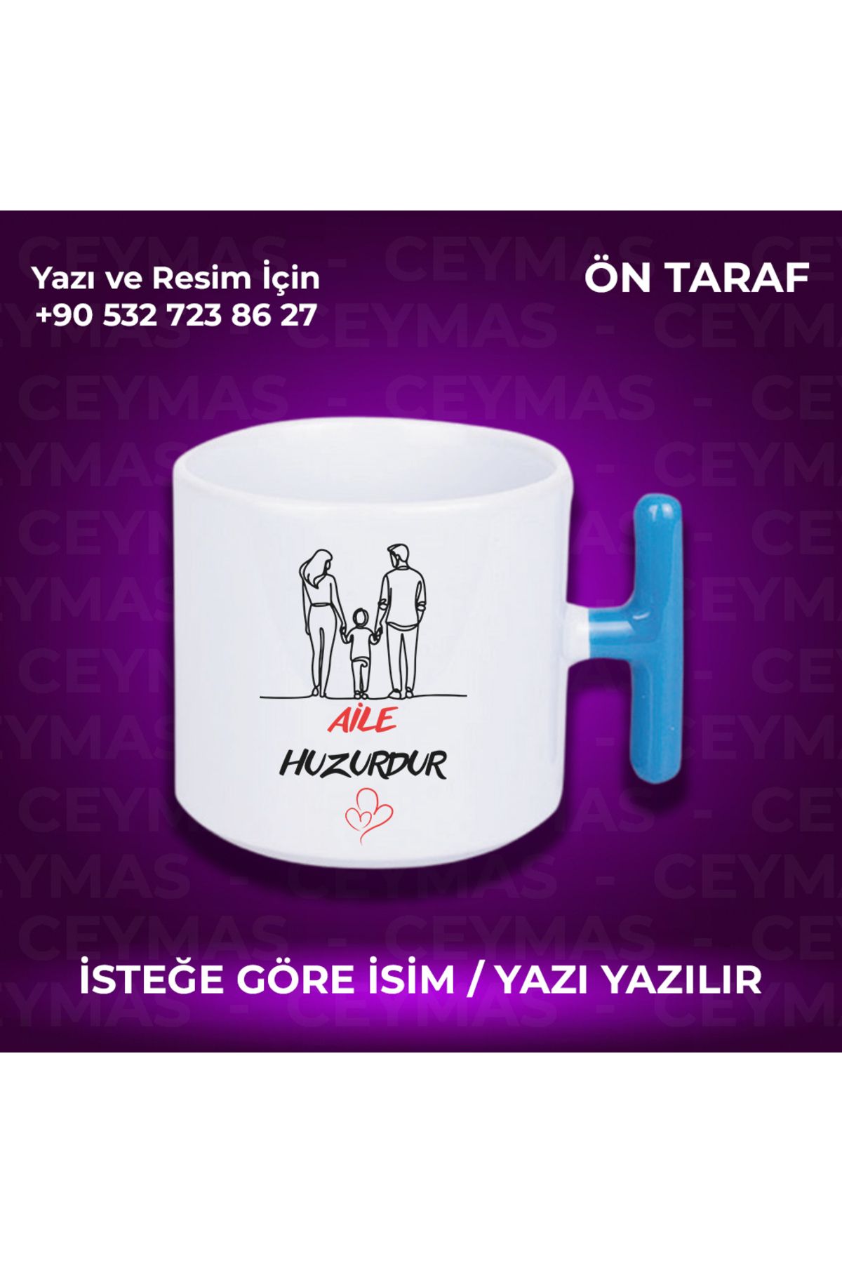 Ceymas Hediyelik Kişiye Özel İsimli Aile Huzurdur Baskılı Hediyelik Renkli Kupa Bardak