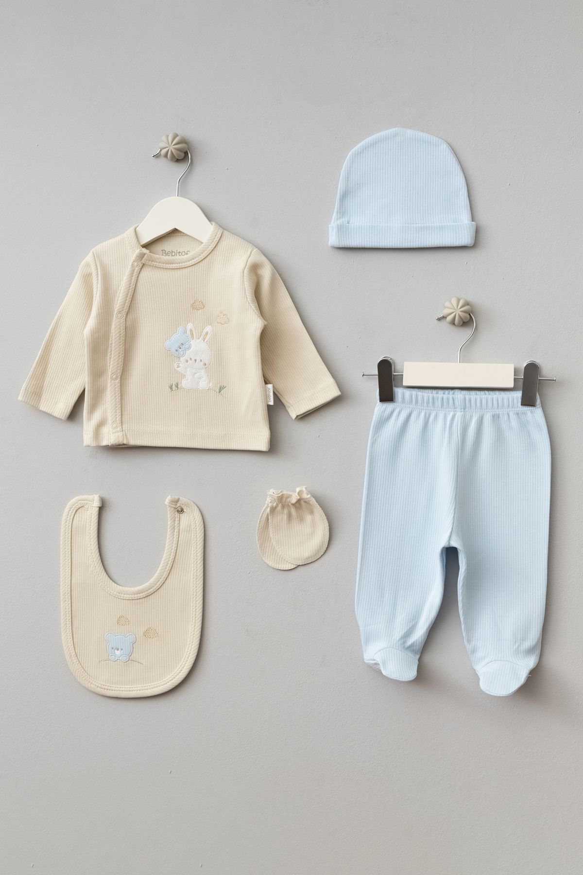 PefyBaby Ayı ve Tavşan 5'li Bebek Zıbın Seti Hastane Çıkışı Mavi