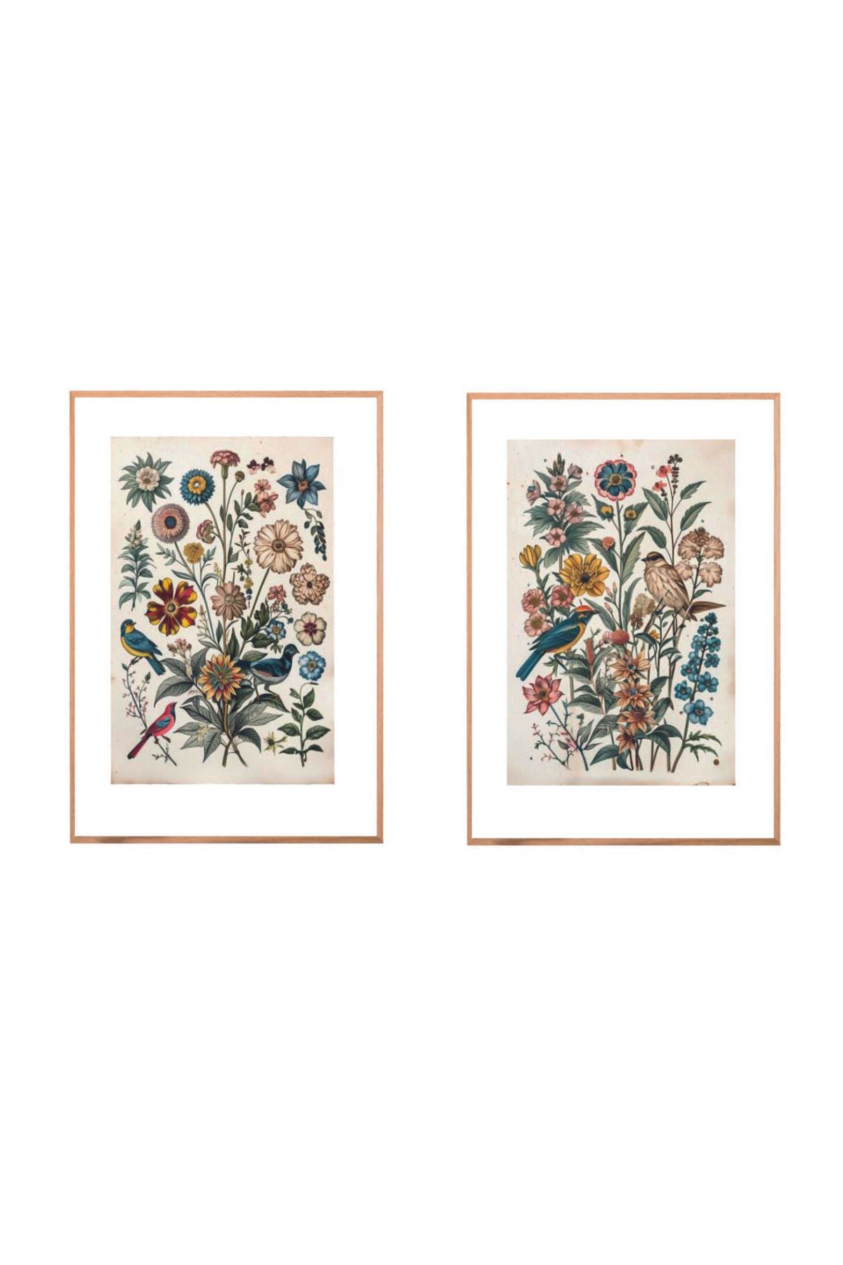 Artte Ahşap Çerçeveli Vintage Kuş ve Çiçek Desenli 2’li Tablo Seti – Retro Botanik Duvar Dekoru