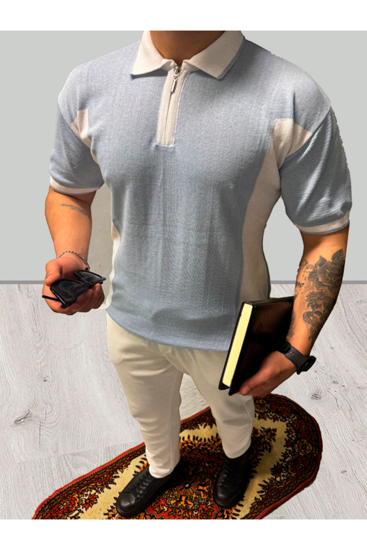 Athleon Beyaz Polo Yakalı Mavi Tişört Lux Premium Tişört