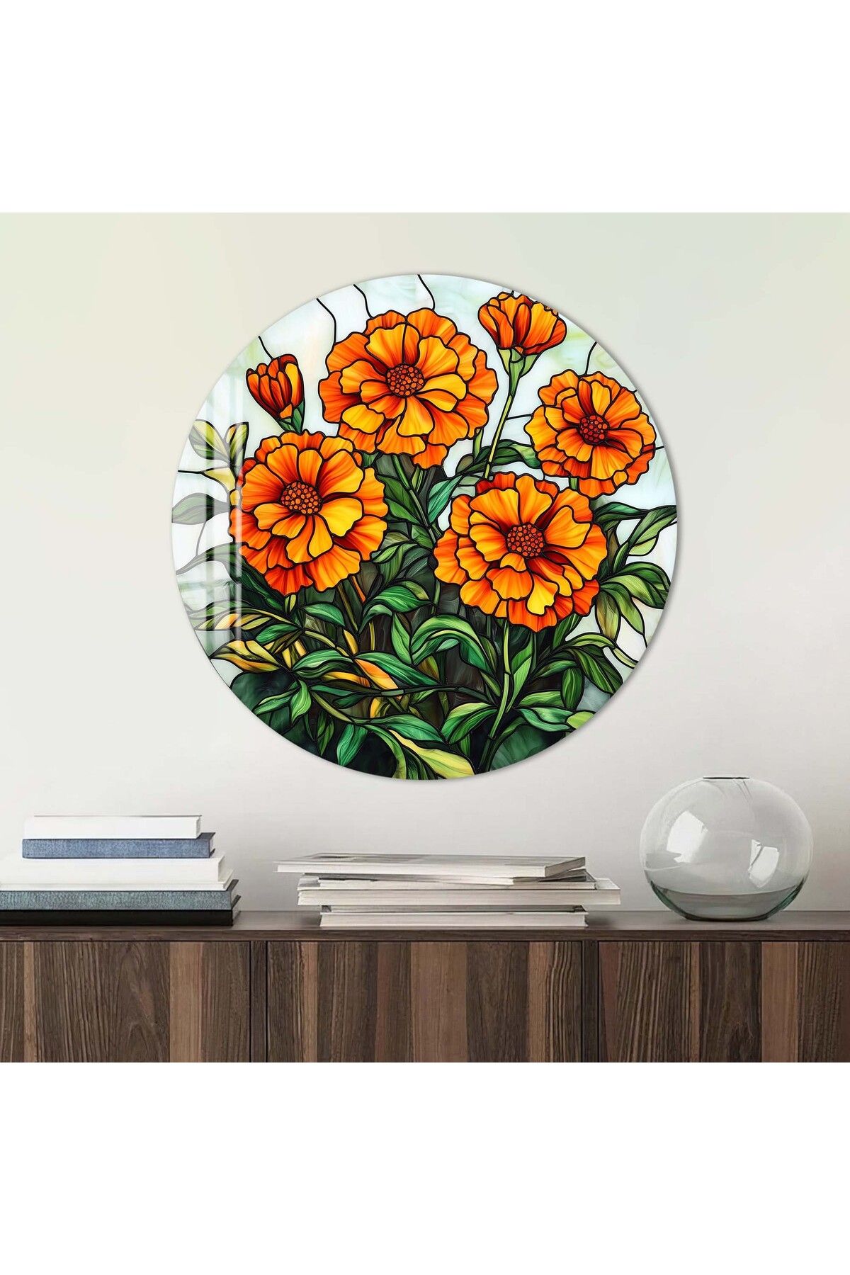 Artmate Yuvarlak Temperli Kırılmaz Çiçek Cam Tablo