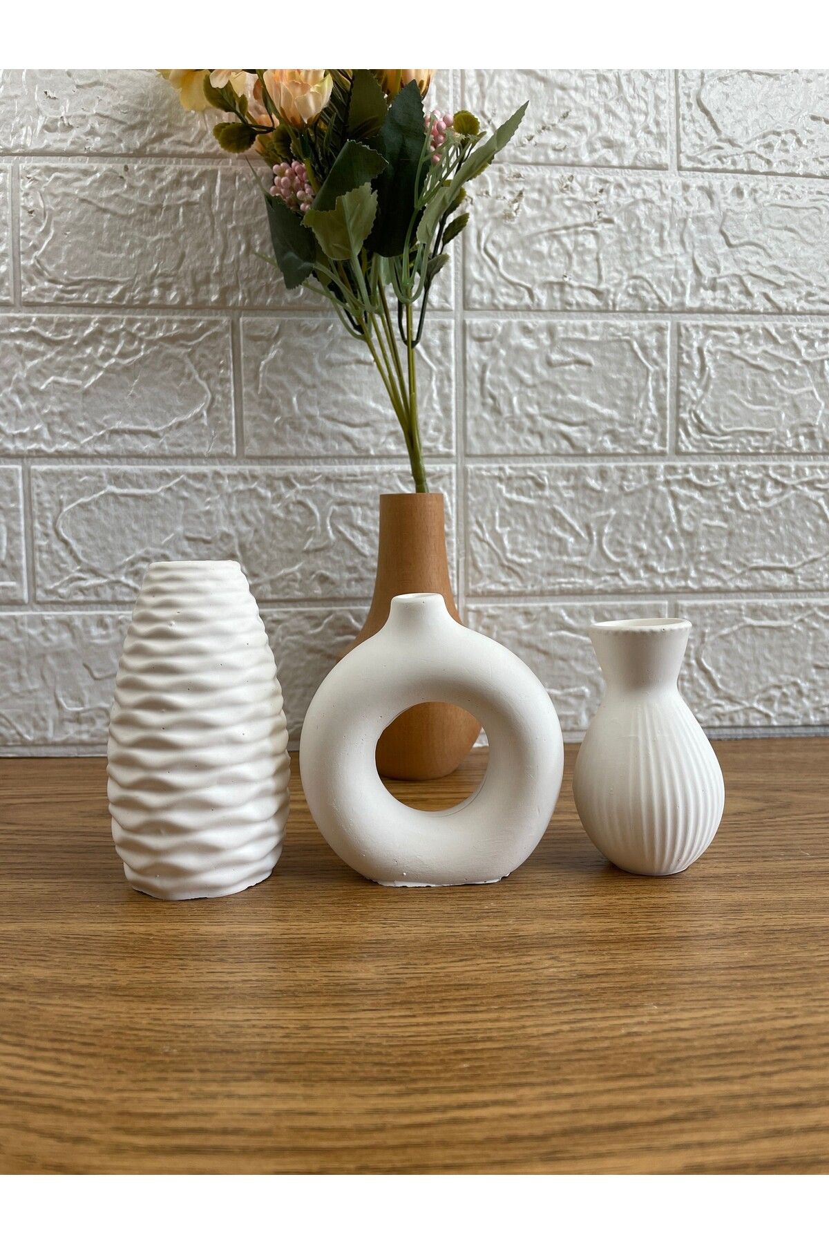 Novas Collection 3'lü Beyaz Modern Dekoratif Vazo Seti