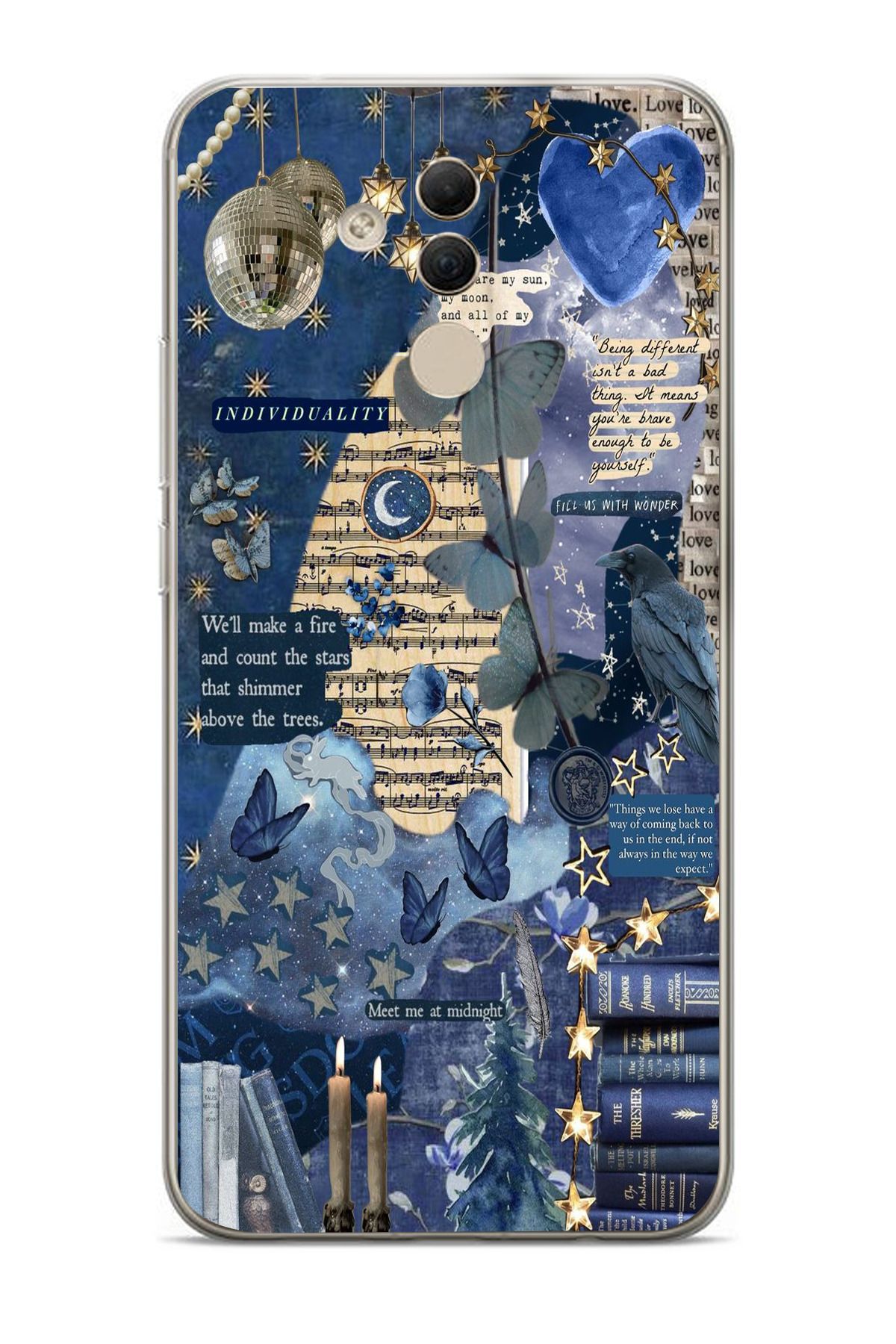 moonset Huawei Mate 20 Lite Uyumlu Kolaj Tasarımlı Baskılı Şeffaf Telefon Kılıfı