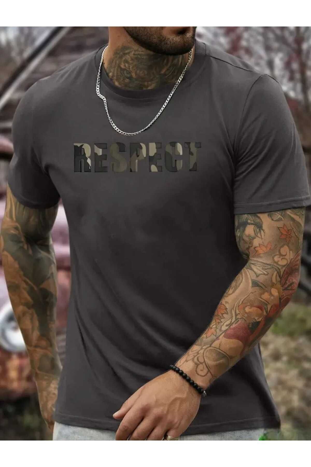 TekTarzz Unisex Erkek Respect Kamuflaj Baskılı Tshirt