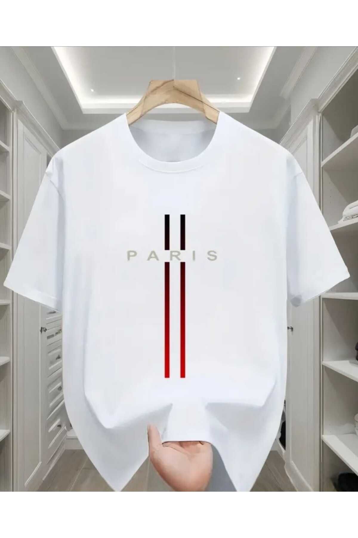 TekTarzz Unisex Erkek Paris Baskılı Moda Trendi Desenli Tshirt