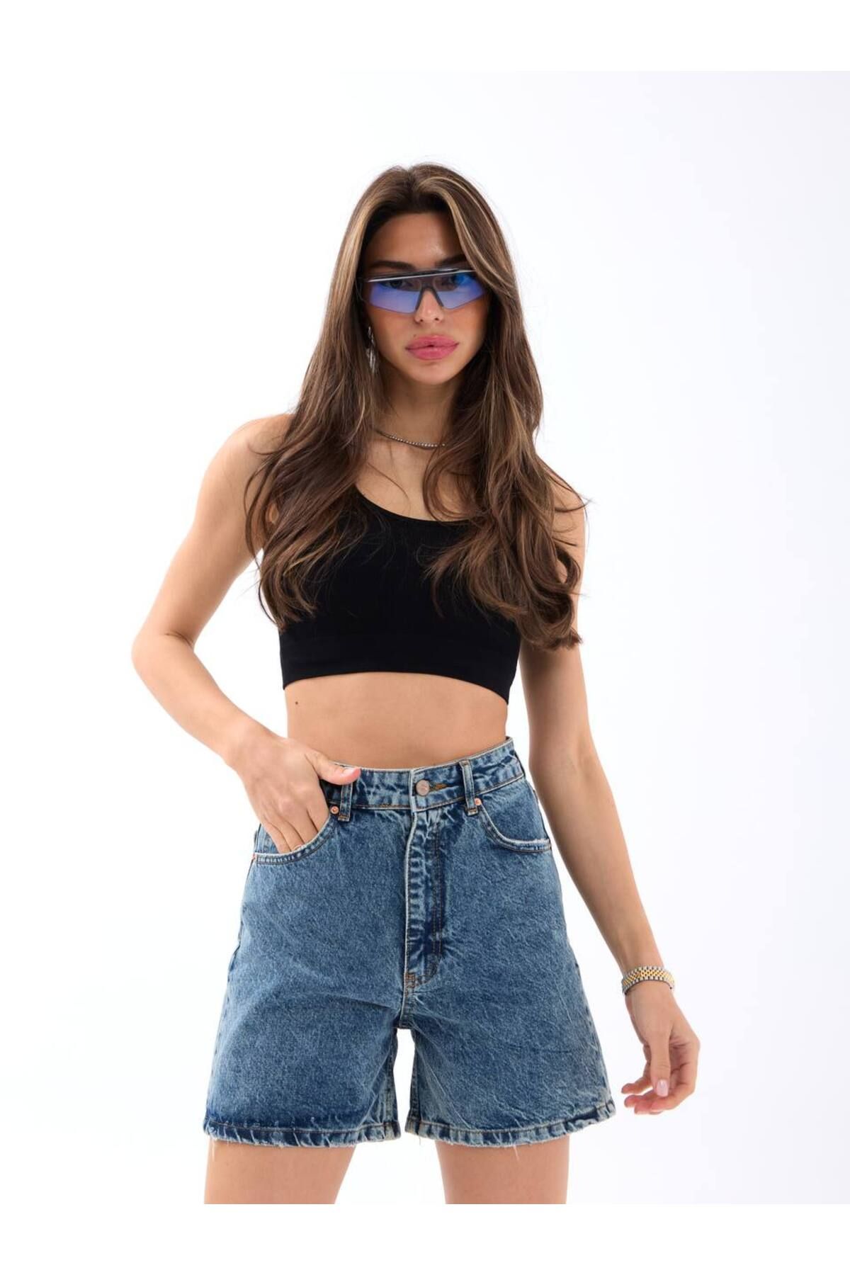 Castivo Fashion Vintage Yıkamalı Yüksek Bel Denim Şort