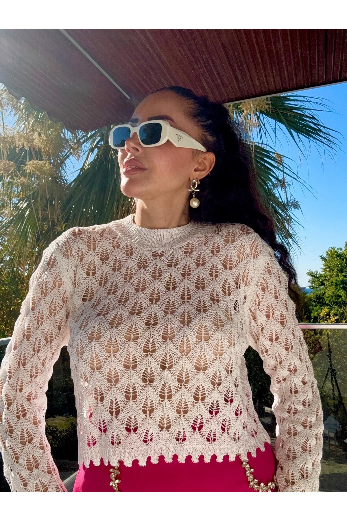 MODA beyaz viskon kumaş örgü uzun kollu ithal bluz