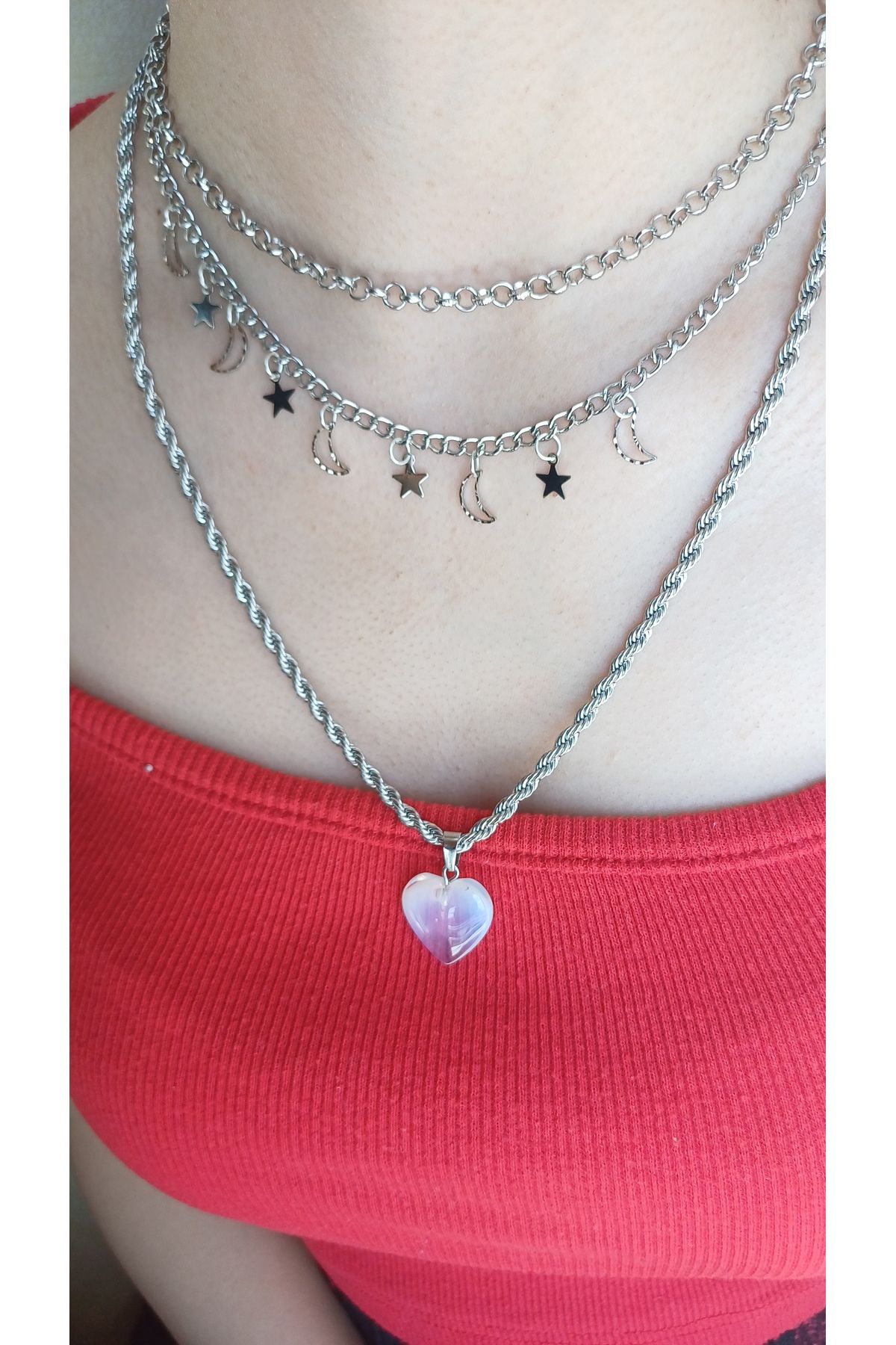 Jewerly Üçlü kolye kalp detayı aytaşı doğaltaş