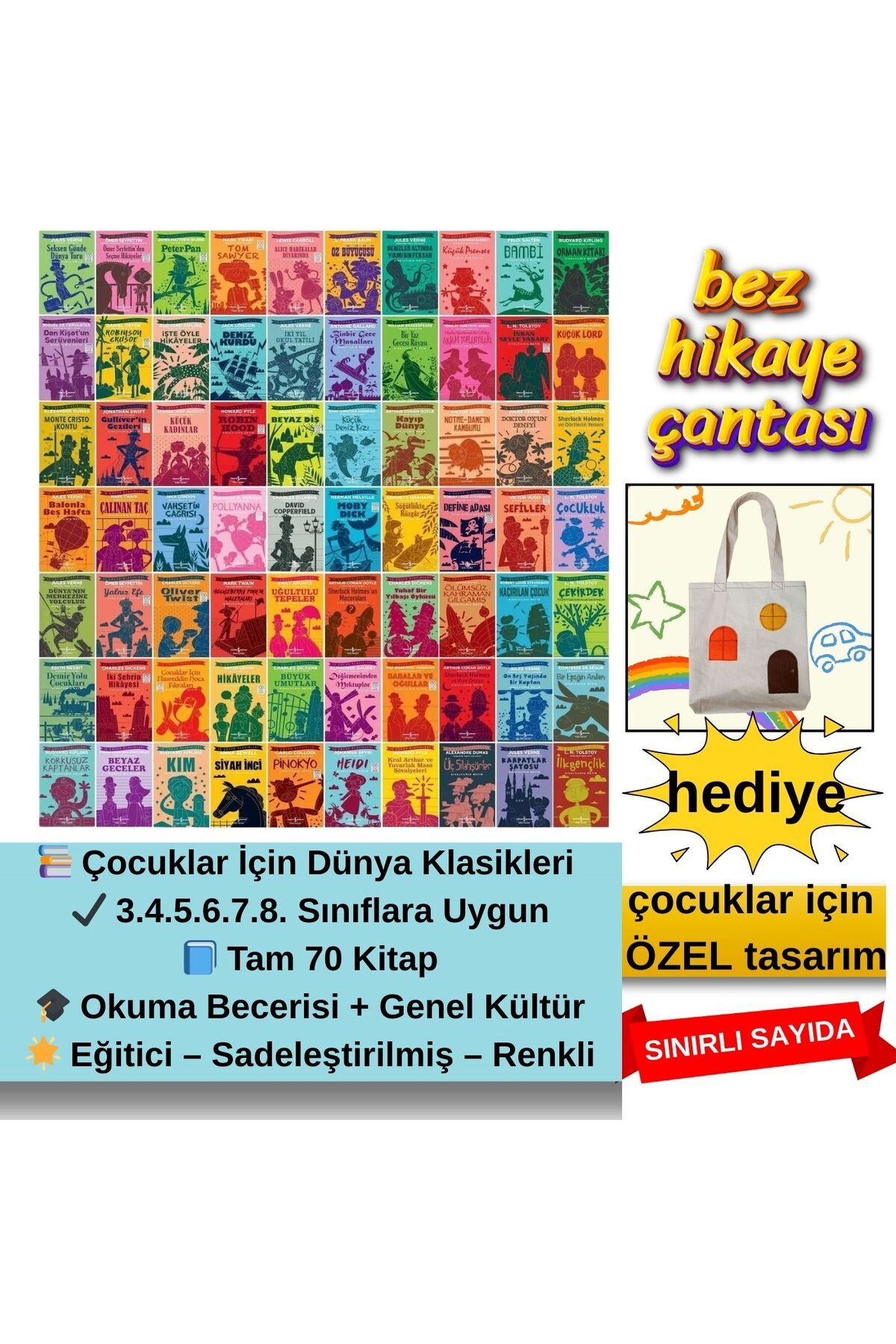 TÜRKİYE İŞ BANKASI KÜLTÜR YAYINLARI 70 Kitaplık Çocuk Dünya Klasikleri Seti | 3-8. Sınıflar İçin Zengin Okuma Arşivi