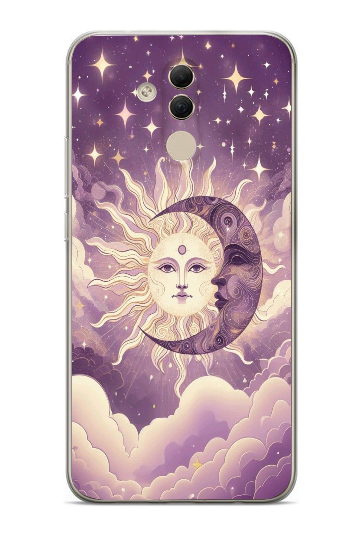 moonset Huawei Mate 20 Lite Uyumlu Ay ve Güneş Tasarımlı Baskılı Şeffaf Telefon Kılıfı