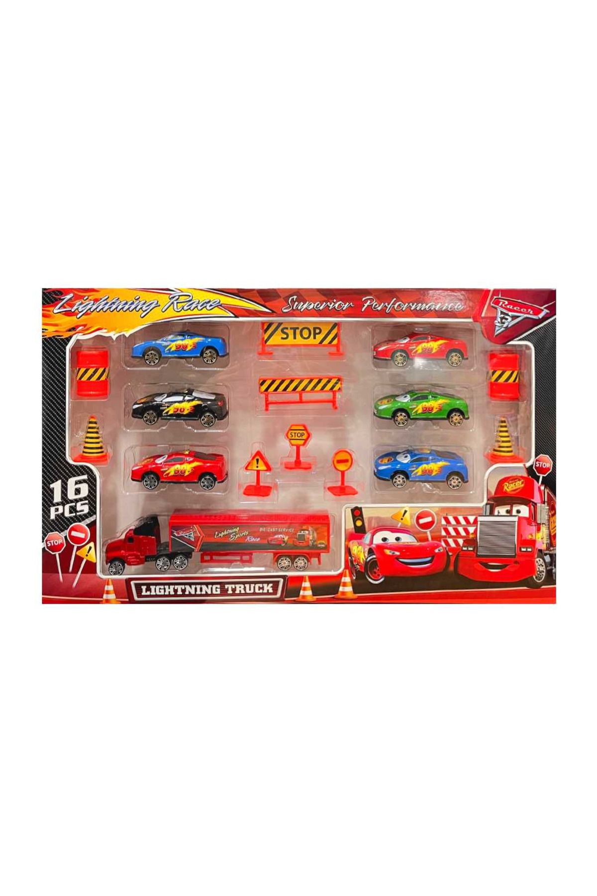 Art Tone OYUNCAK LİGHTNİN RACER TIR SETİ TOY-49 TRAFİK LEVHALI 6 ADET METAL ARABA 16 PARÇA 3+