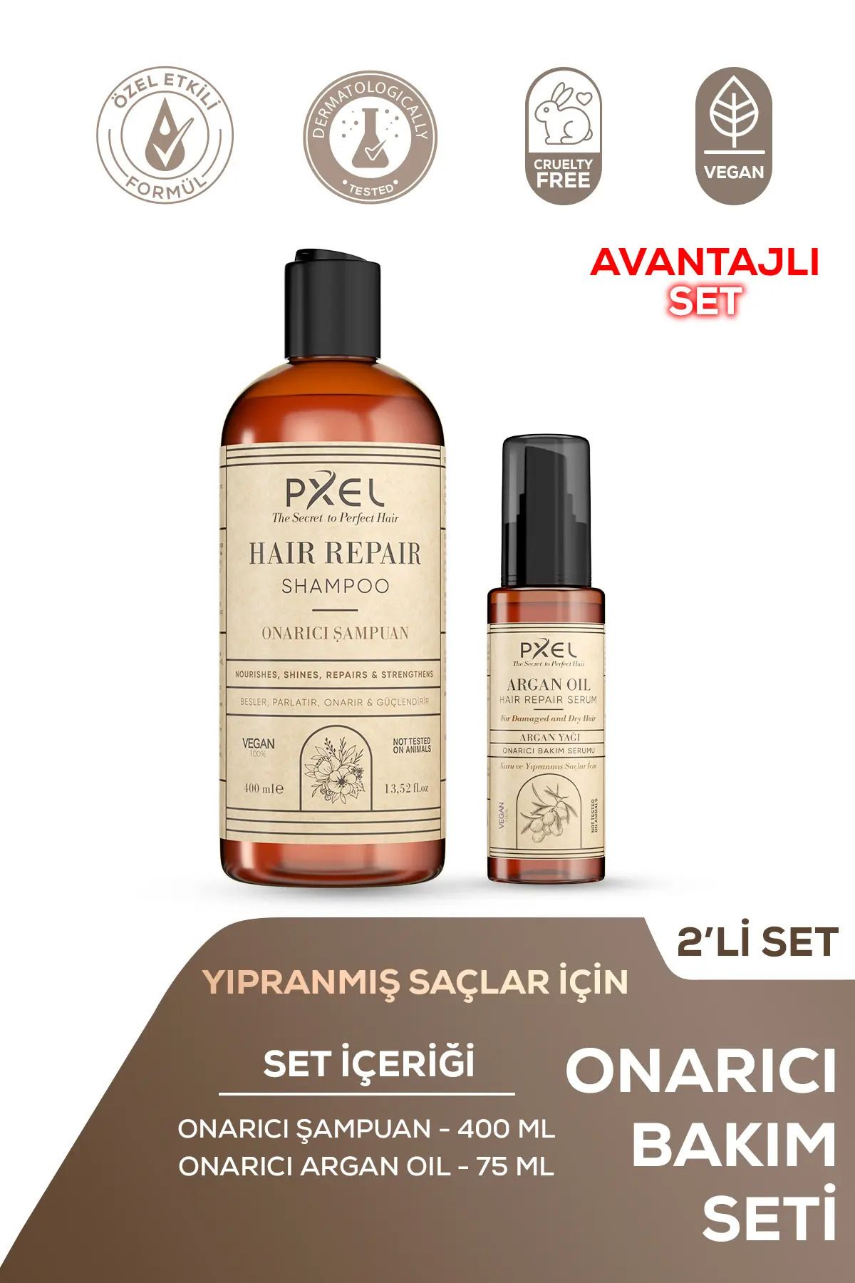 PXEL Onarıcı Şampuan – Argan Serum 2’li Set | Yıpranmış ve Kuru Saçlar İçin |400 ML, 75 ML
