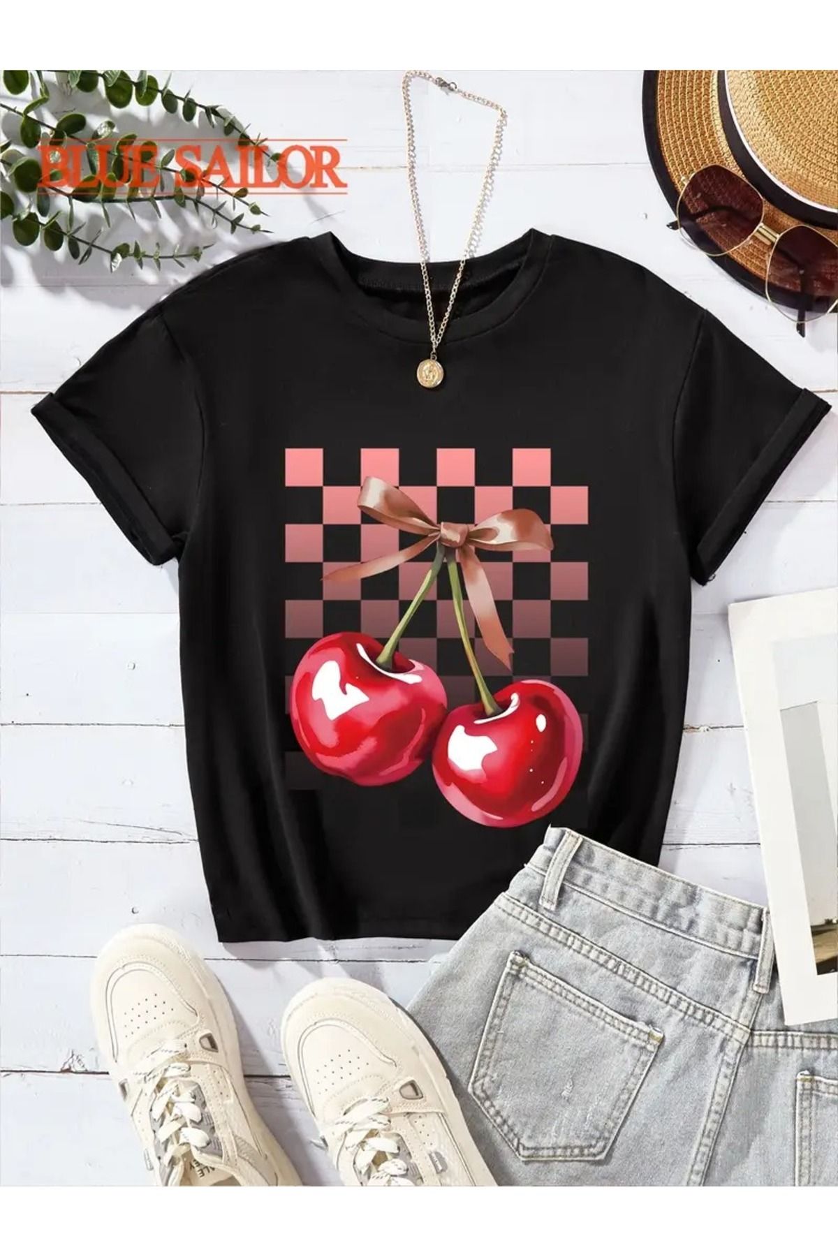 WOODROFFE Kadın Cherry Kiraz Baskılı Oversize Salas T-shirt Boyfriend
