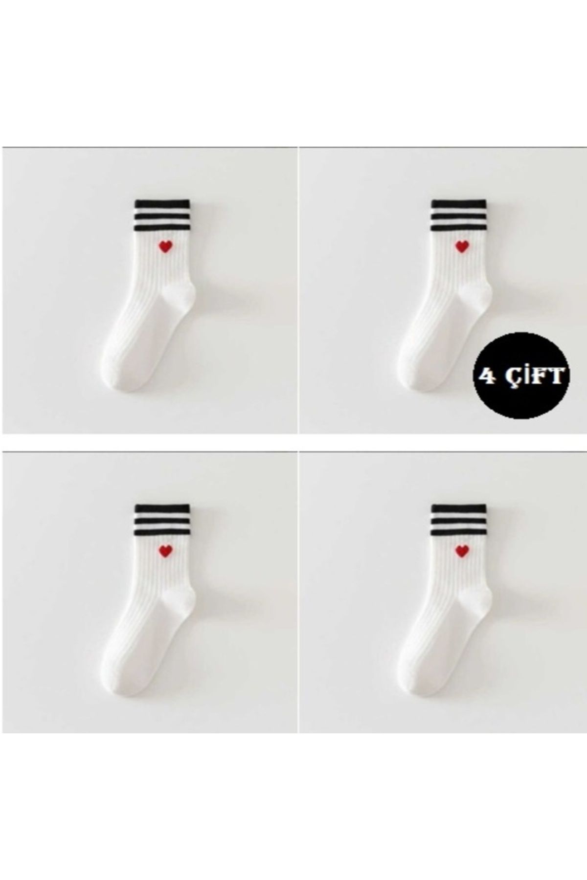 Boliva Çorap Socks Çizgili Kalpli Tenis Fitilli Çorap 4 ÇİFT Beyaz