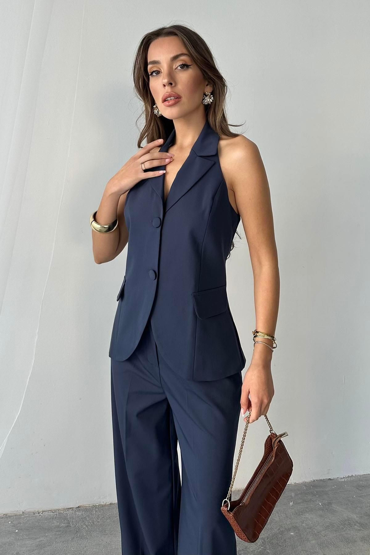 Moda cameo Mohinto Sırtı Dekolteli Ceket Pantolon Takım Lacivert