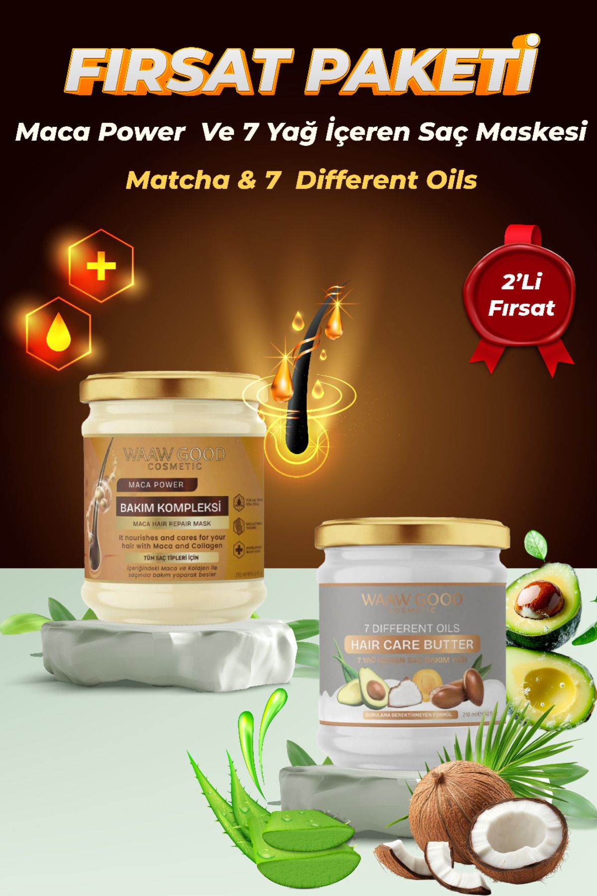 WAAW GOOD 7 Yağ Içeren Besleyici Ve Nemlendirici Saç & Matcha Özlü ve Fas Arganlı Saç Maskesi 2'li Fırsat Seti
