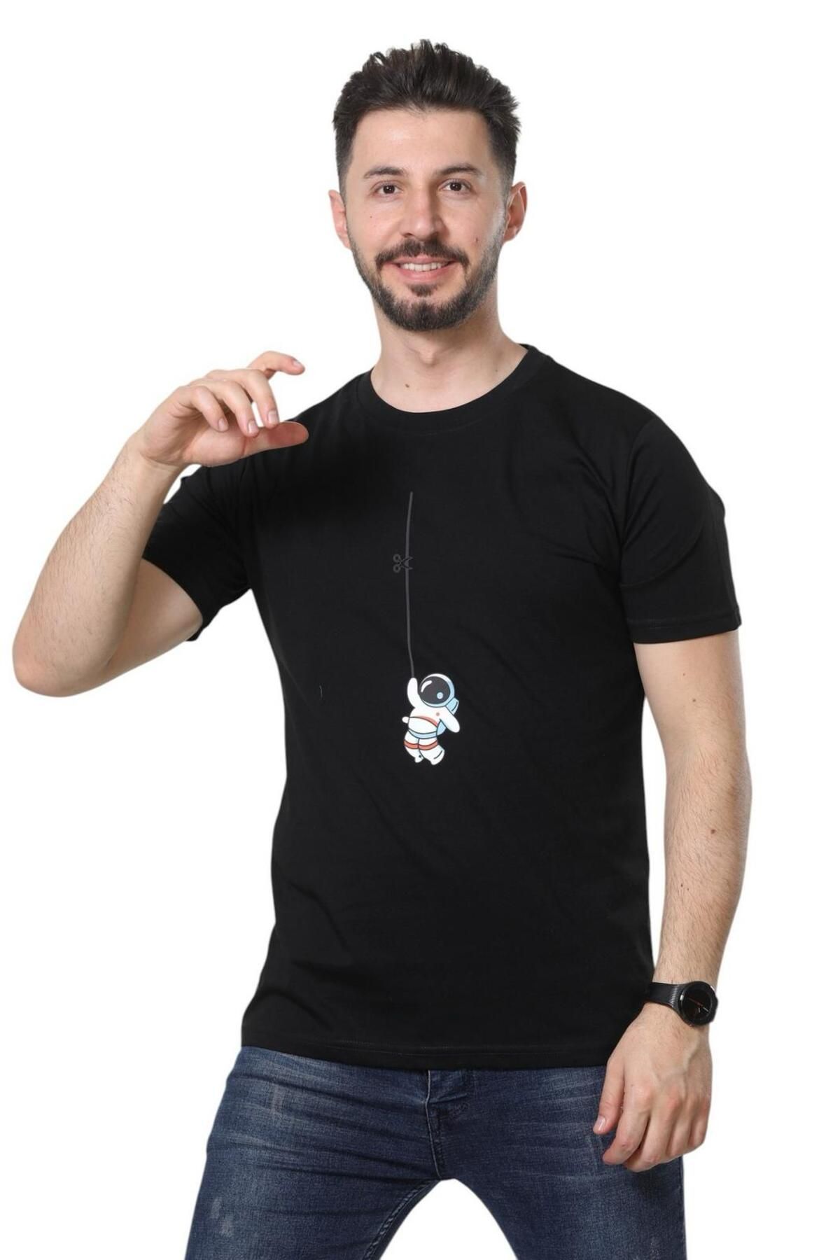 GEZEGENX %100 Pamuk Regular Fit Bisiklet Yaka Basic Düz Kısa Kollu Tişört Astronot Baskılı