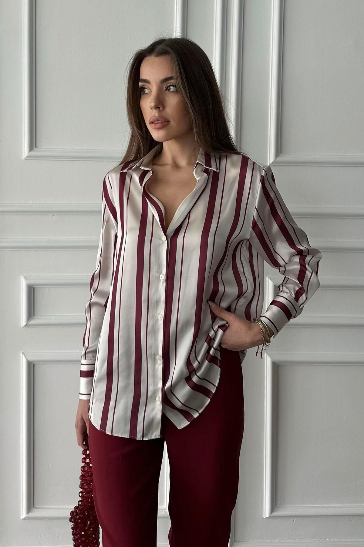 Moda cameo Cameo Saten Çizgili Gömlek Bordo