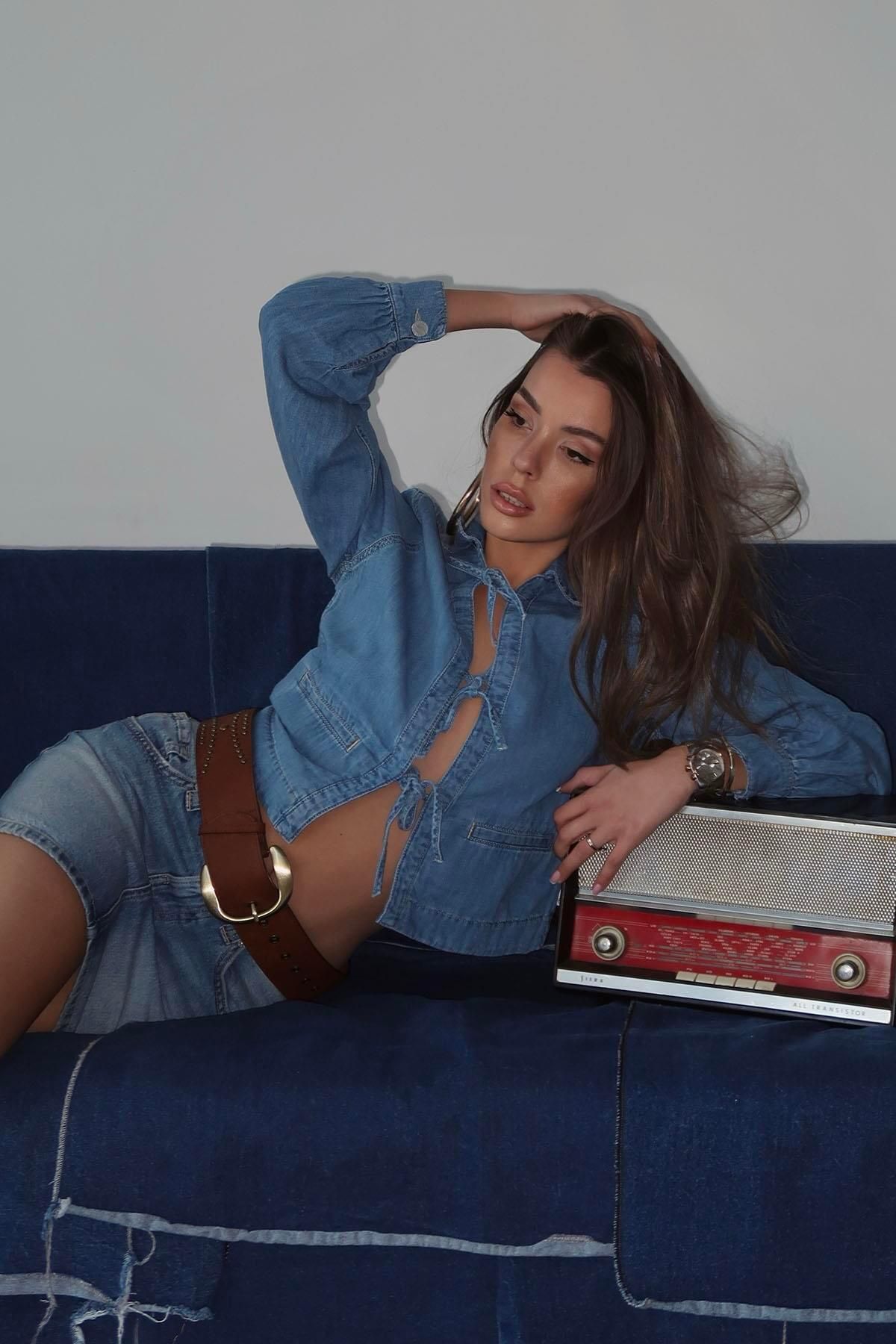 Moda cameo Mohinto Önden Bağlamalı Kot Gömlek Lacivert