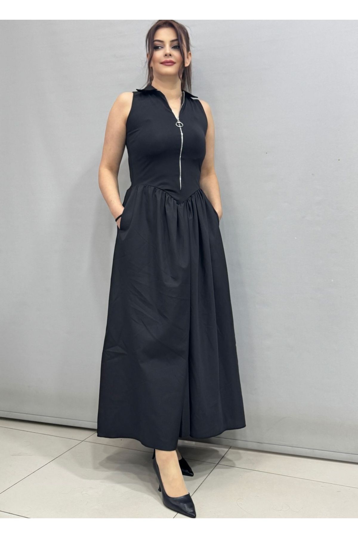 Bence Moda CEP DETAYLI UZUN SİYAH ELBİSE