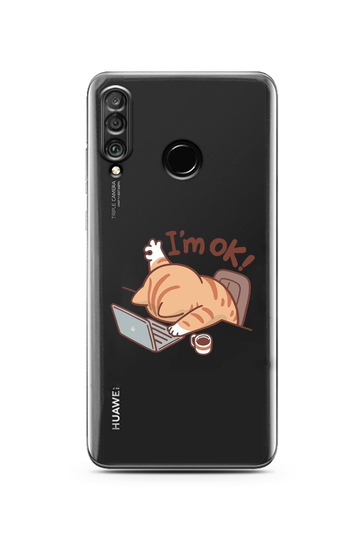 moonset Huawei P30 Lite Uyumlu Sevimli Kedi Tasarımlı Baskılı Şeffaf Telefon Kılıfı