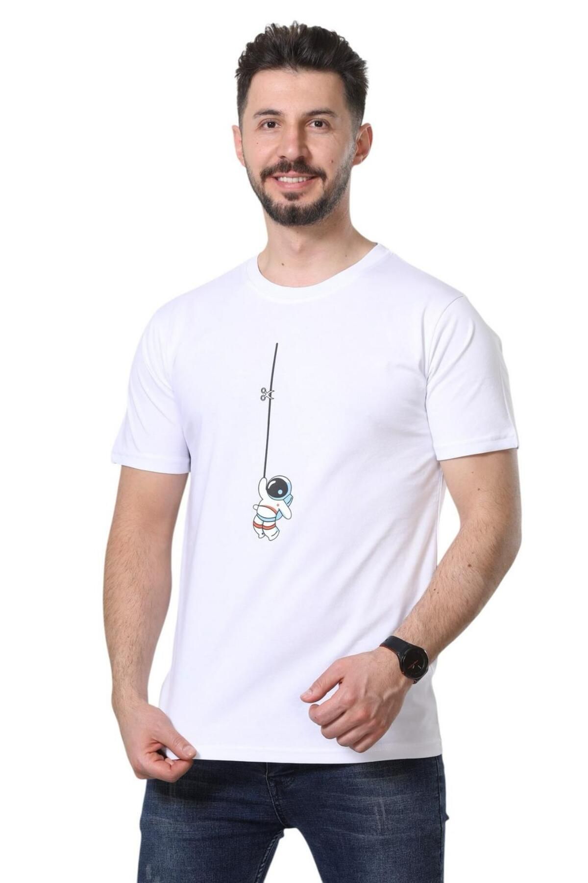 GEZEGENX %100 Pamuk Regular Fit Bisiklet Yaka Basic Düz Kısa Kollu Tişört Astronot Baskılı