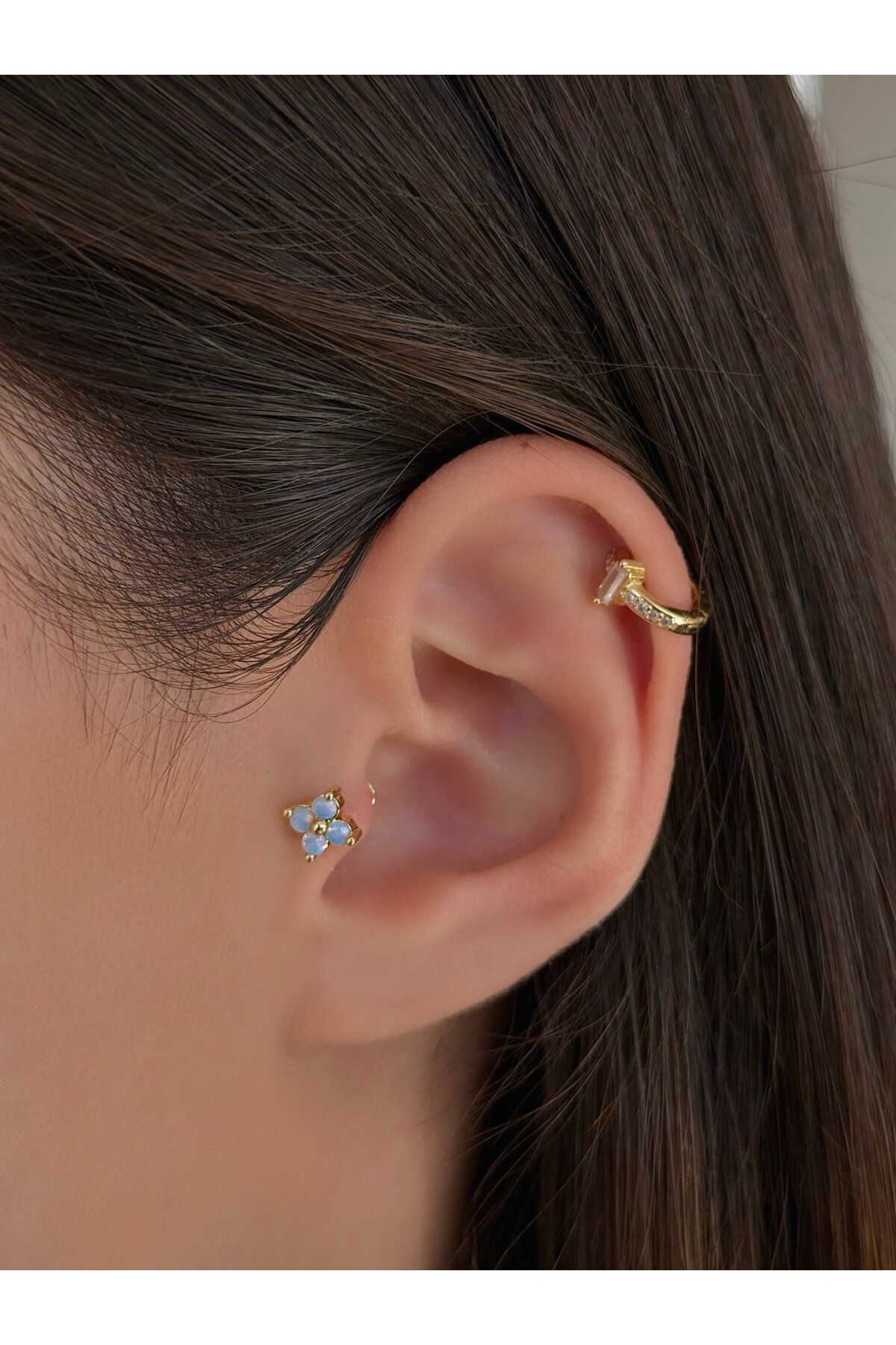 H&B Design Cerrahi Çelik Gold Mavi Hologramlı Piercing