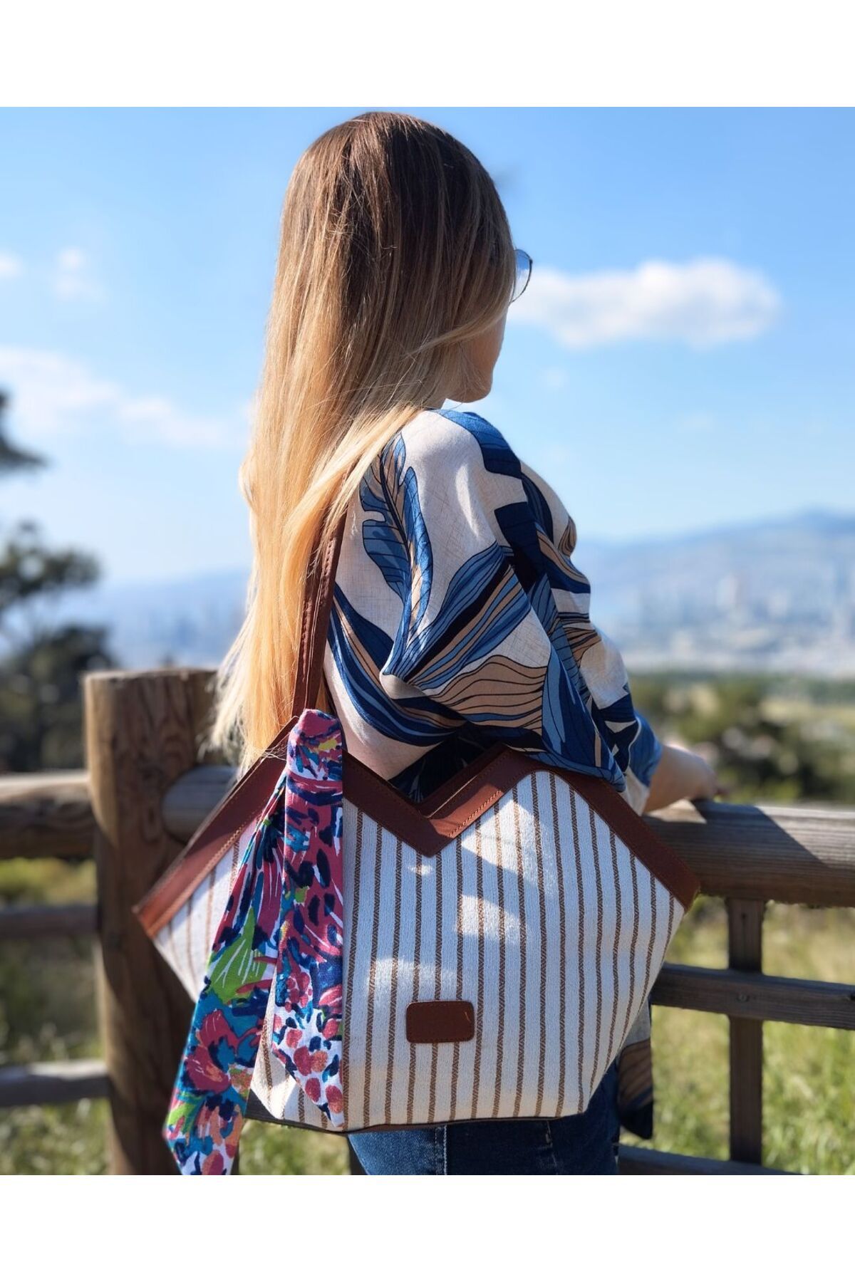 LadyVenüs Kadın Hasır ve Fular Detaylı Fermuarlı El ve Omuz Çantası