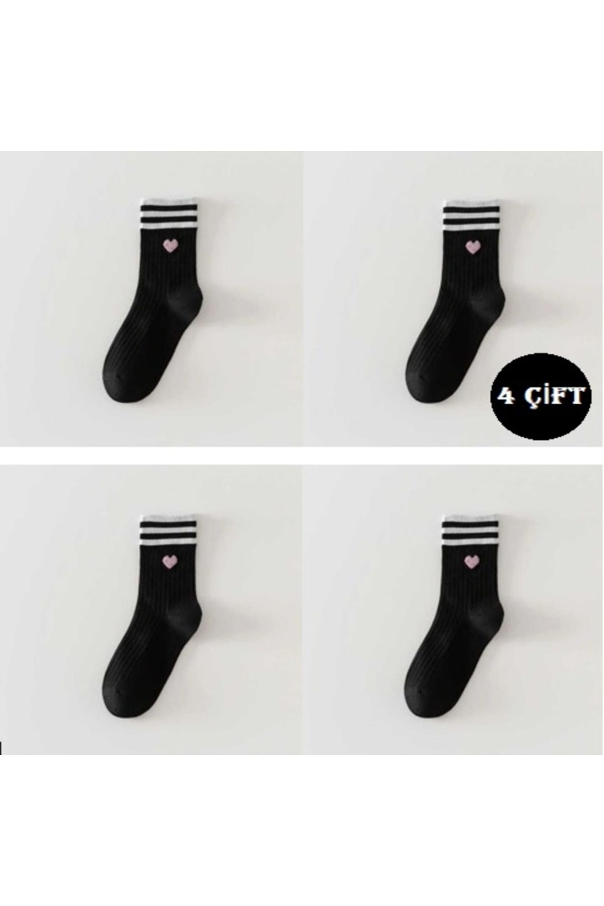 Boliva Çorap Socks Çizgili Kalpli Tenis Fitilli Çorap 4 ÇİFT Siyah