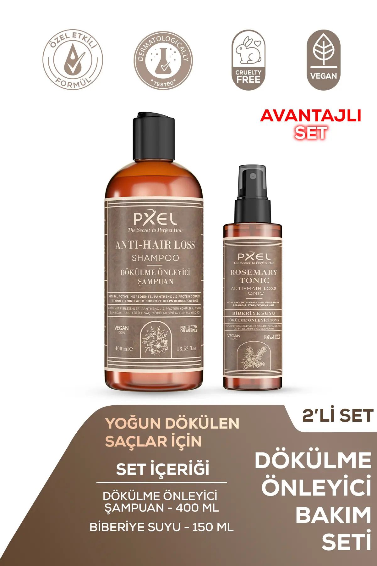PXEL Dökülme Önleyici Şampuan – Biberiye Saç Bakım Toniği 2’li |400 ML, 150 ML