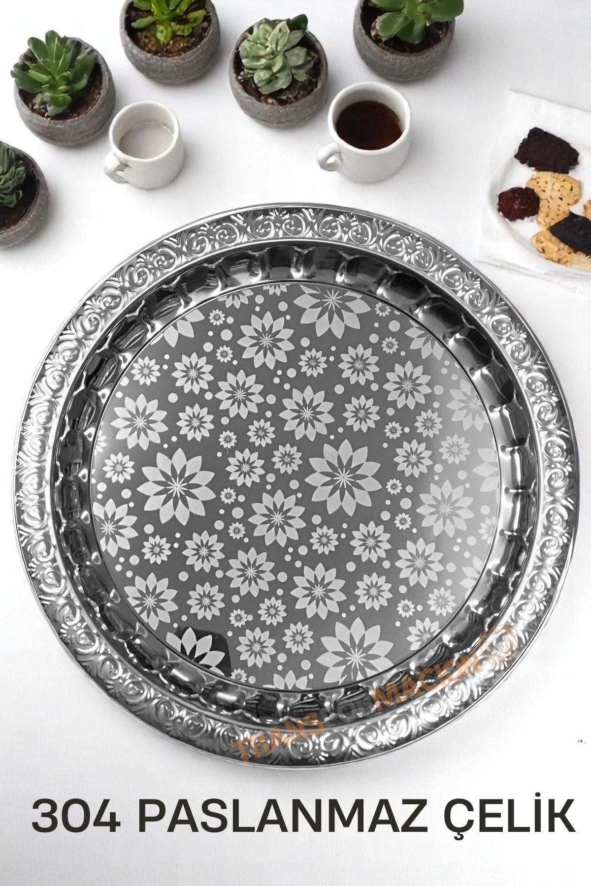 Transformacion Servis Tepsisi - Çelik Çay Tepsisi Şık Desenli Tepsi 36 CM 721651