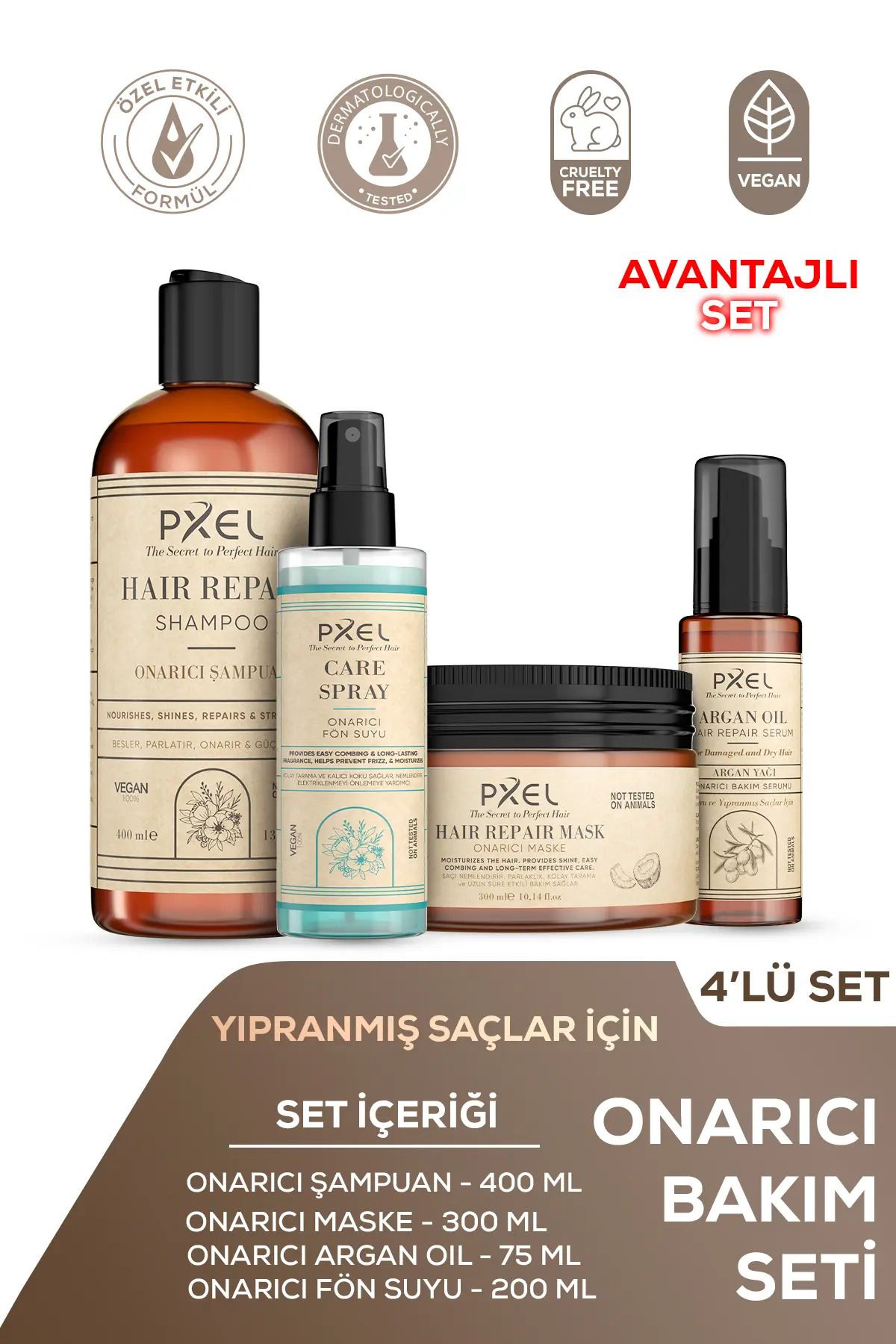 Onarıcı Şampuan – Maske – Argan Serum – Fön Suyu 4’lü Set |400 ML, 300 ML, 75 ML, 200 ML