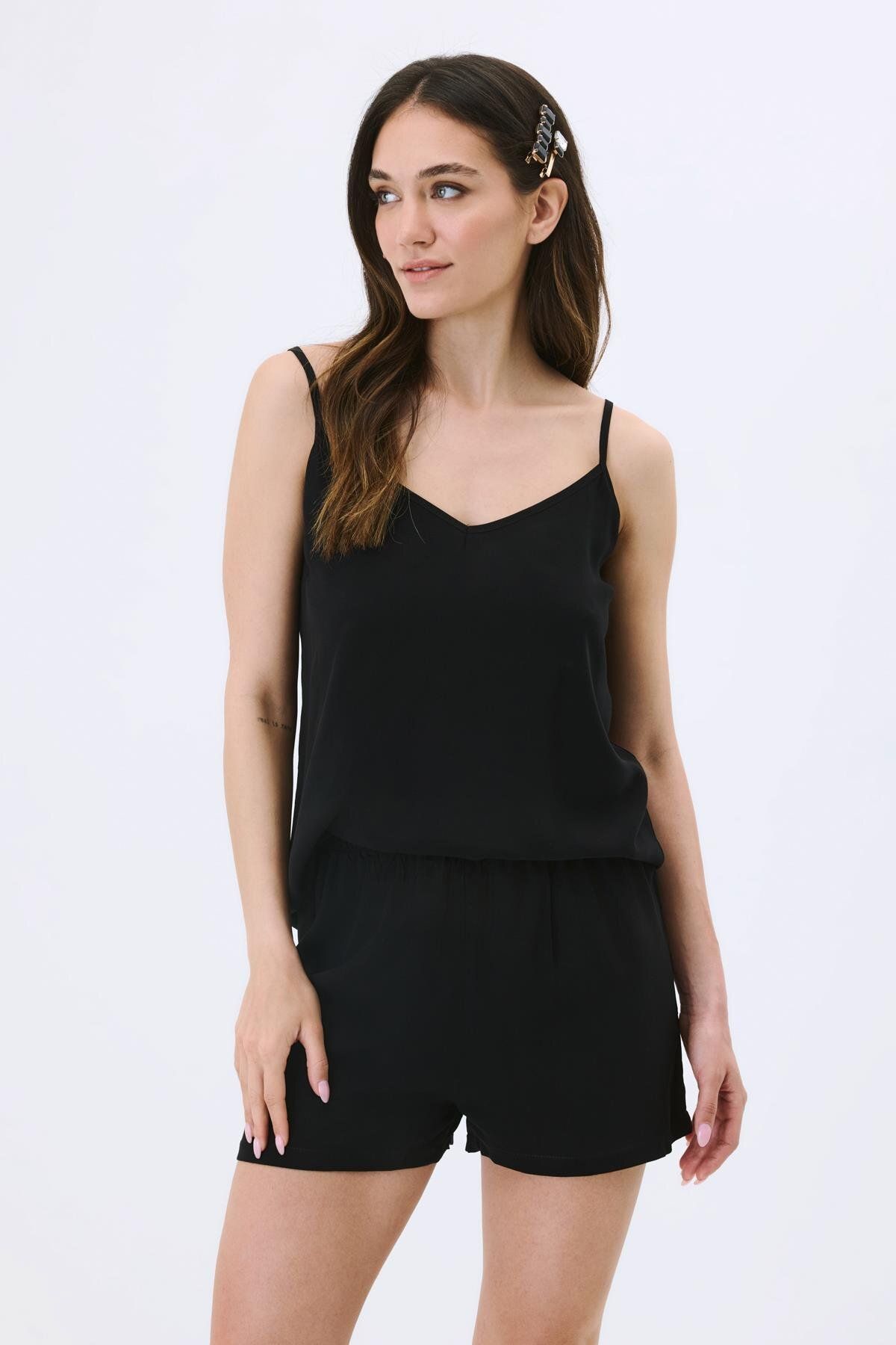 C&City İp Askılı Şortlu Viskon Pijama Takım 9155 Siyah
