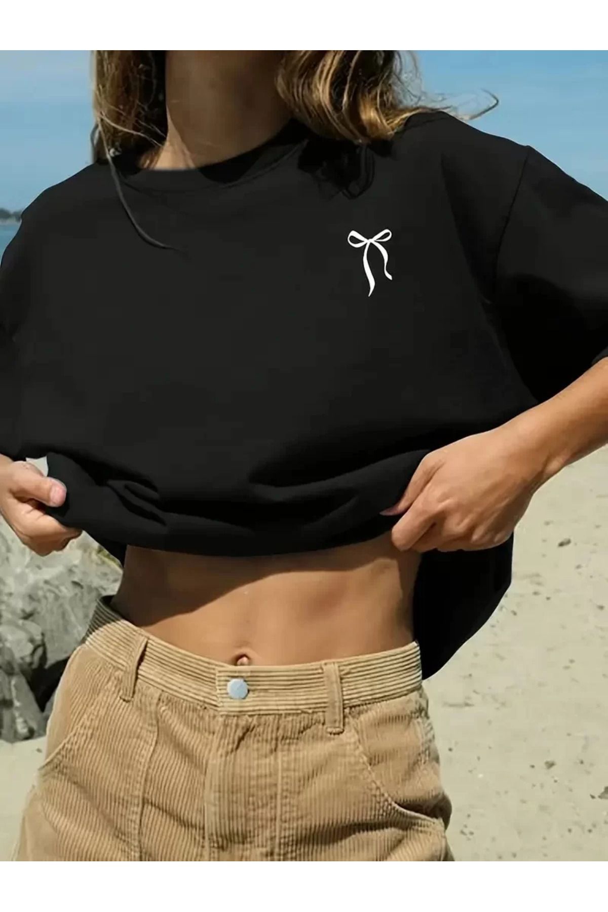 REKA MODA fiyonk baskılı siyah oversize unisex t-shirt- Siyah