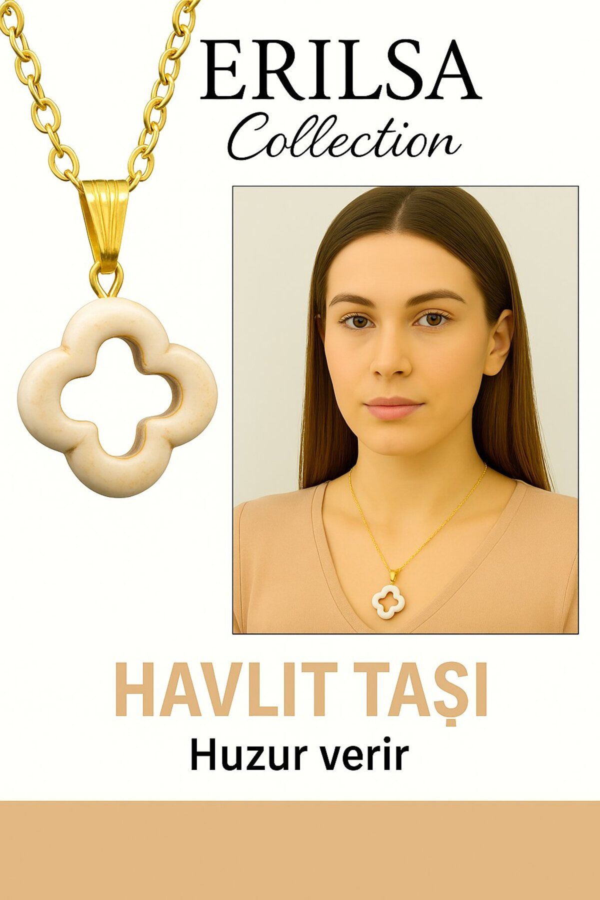 Erilsa Sertifikalı Gold Yonca Model Havlit Taşı Kolye Stresi Azaltır ve Sakinlik Verir