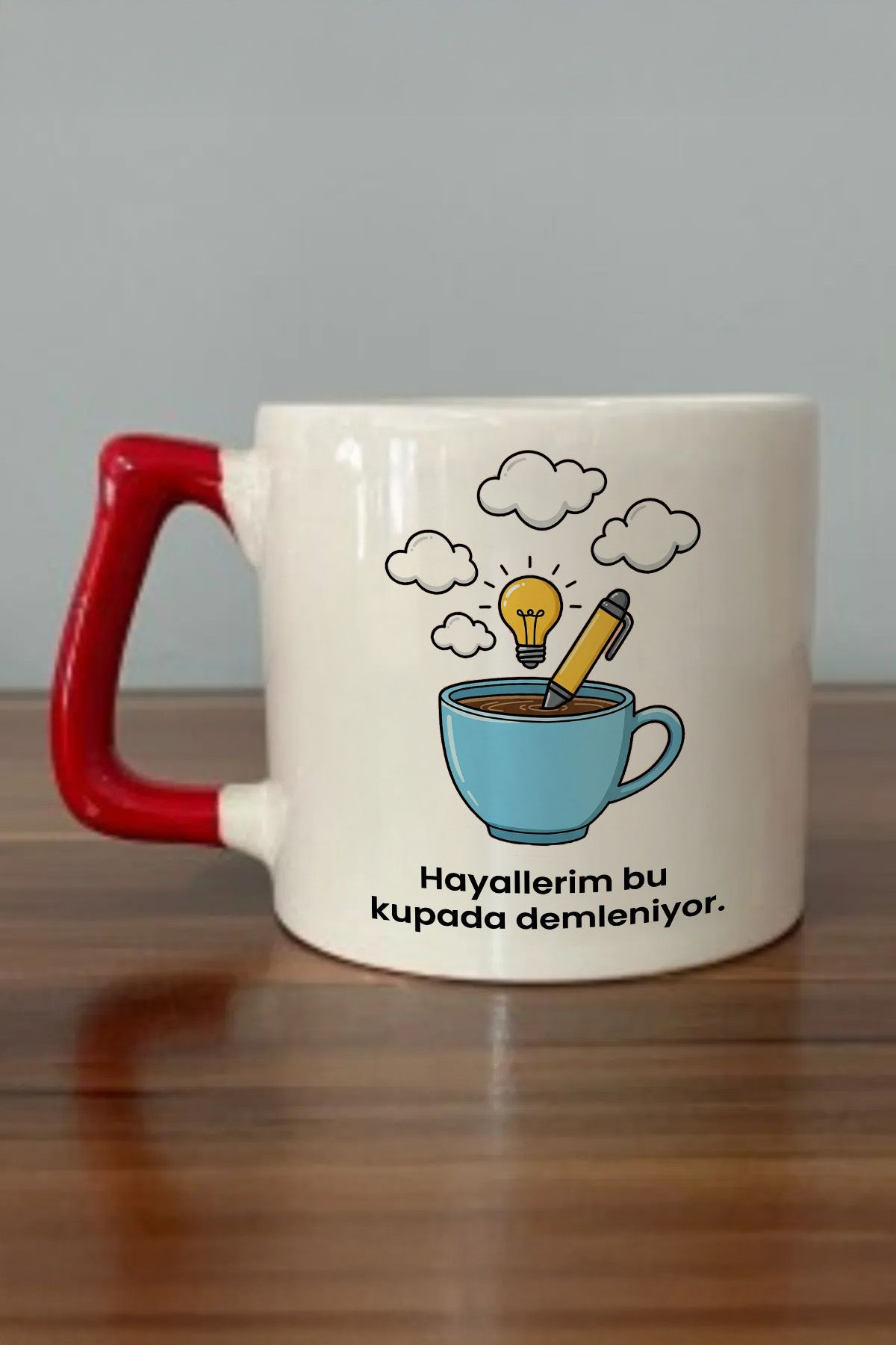 DozNest "Hayallerim bu kupada demleniyor." Yazılı Kırmızı Kulplu Kupa Bardak - Hediyelik Kahve Bardağı DZA94