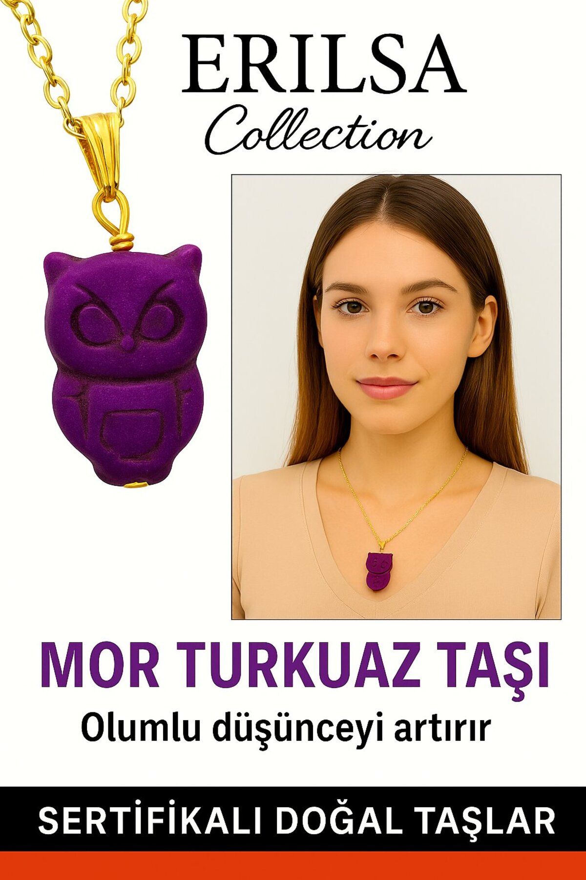 Erilsa Sertifikalı Gold Baykuş Model Mor Turkuaz Taşı Kolye Ruhsal İletişimi Güçlendirir