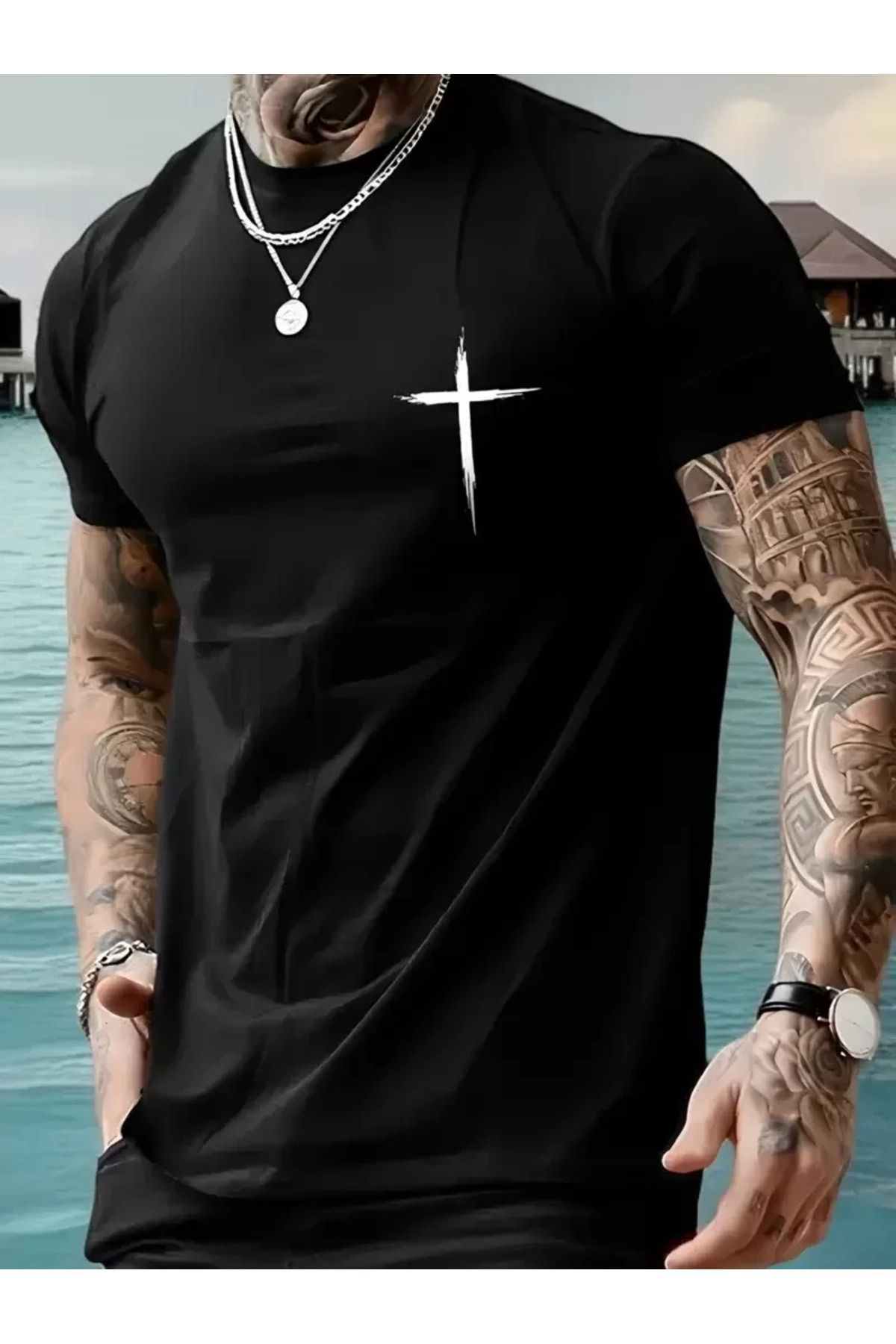 REKA MODA Baskılı Oversize Bisiklet Yaka T-shirt - Siyah