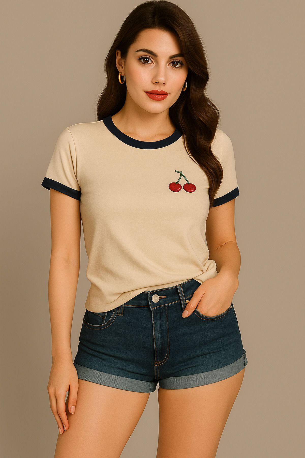 Sweetline Kiraz Baskılı T-Shirt - Bej Gövde Lacivert Biyeli Oversize Bisiklet Yaka Kısa Kol Tişört