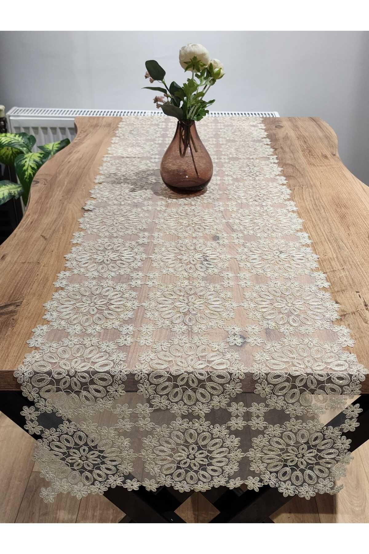 YALINSHOME LÜX tasarım bej (sütlü kahve) dantel RUNNER 220X45cm
