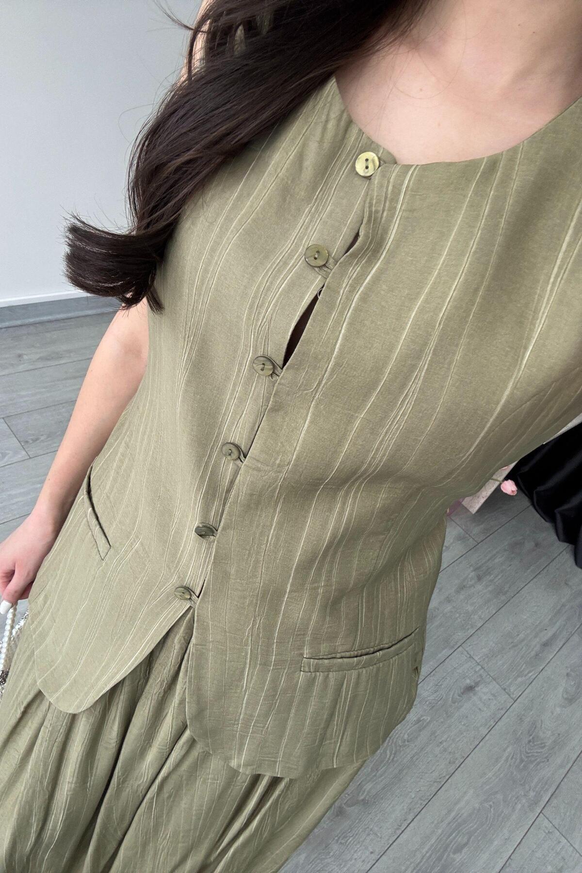 ECEMİ-Lined Light Khaki Vest Skirt Suit 4